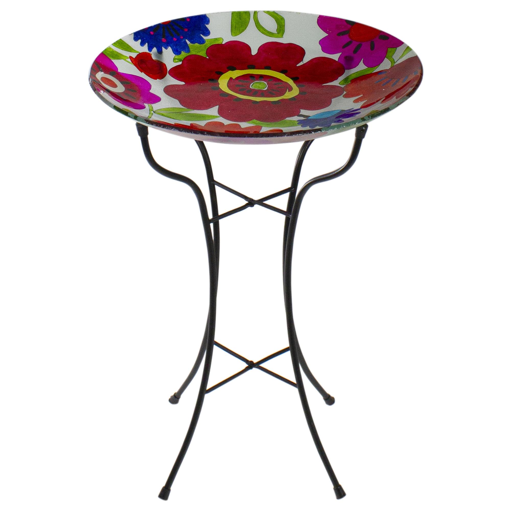 Northlight Seasonal 18" Red and Blue Summer Flowers Hand Painted Glass Outdoor Patio Birdbath