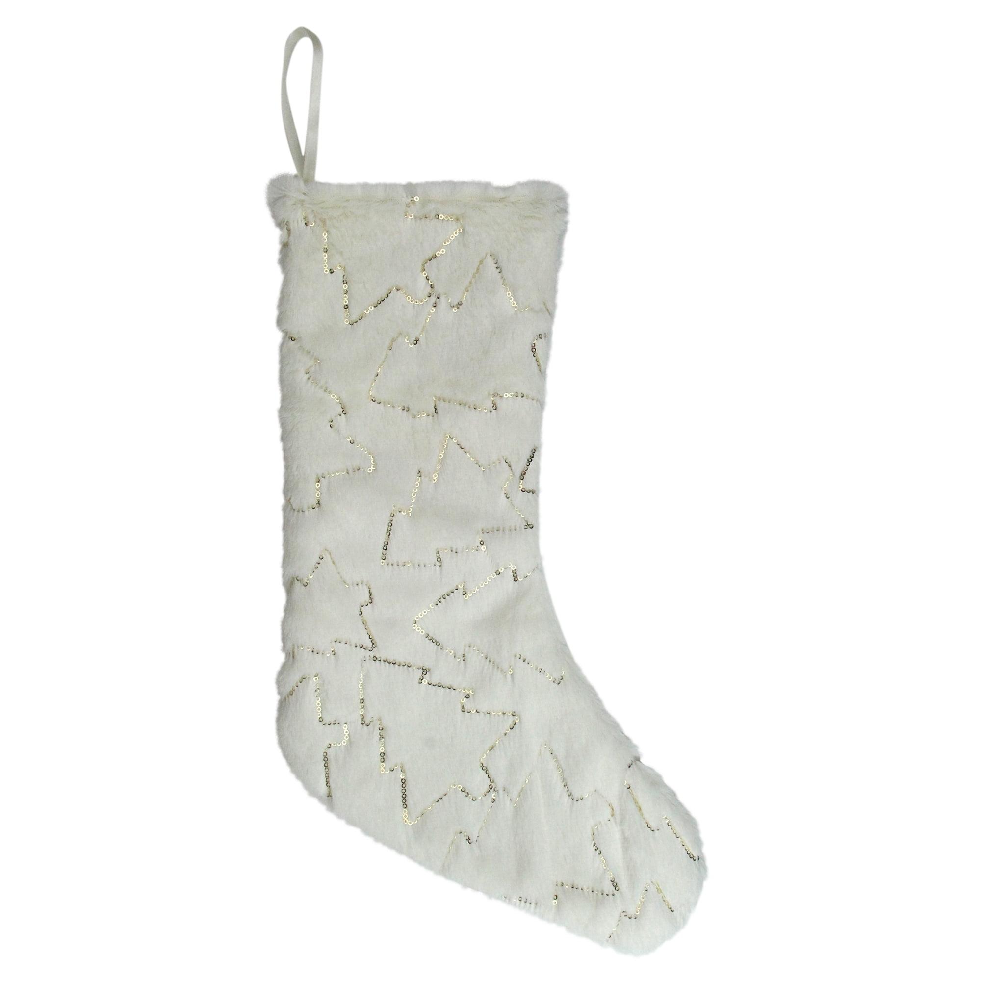 18" White Faux Fur Christmas Stocking with Gold Sequined Trees