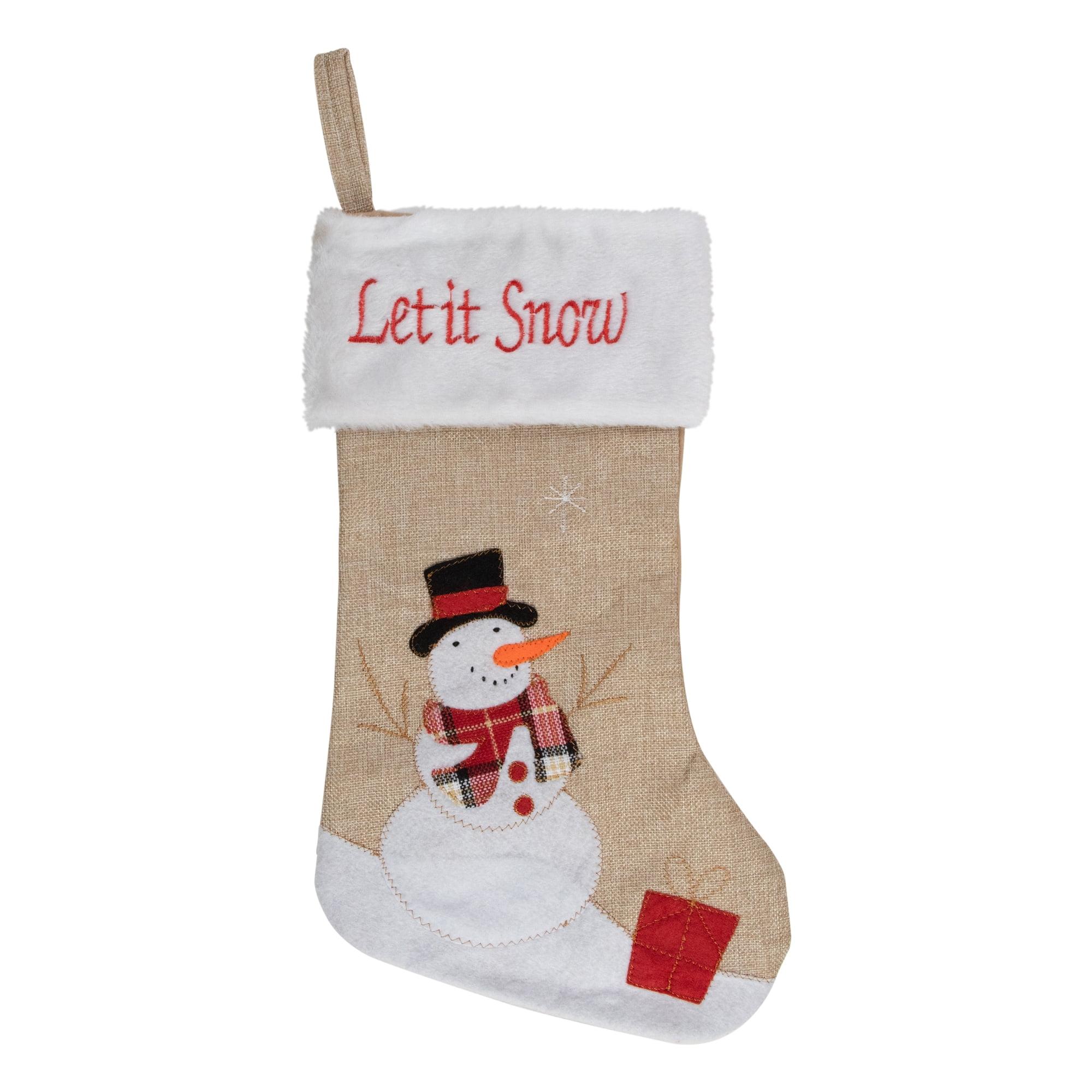 19" Beige and Red Burlap "Let It Snow" Snowman Christmas Stocking