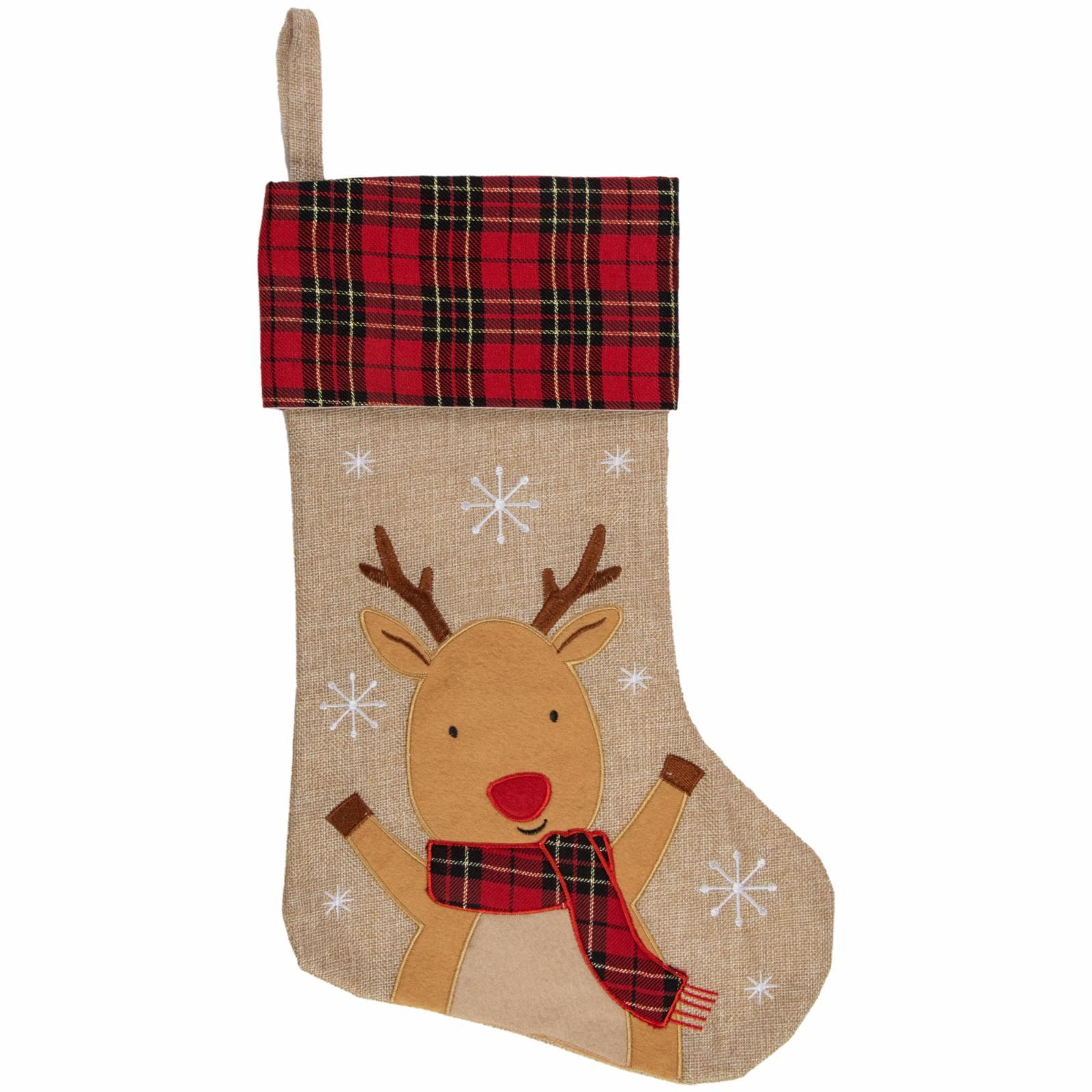 Northlight 19" Burlap Plaid Whimsical Reindeer Waiving Christmas Stocking