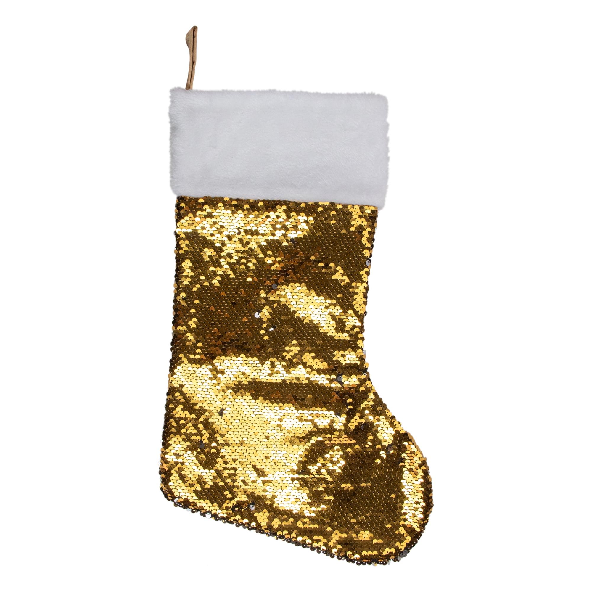 Northlight 19" Gold and Silver Sequin Christmas Stocking With White Faux Fur Cuff