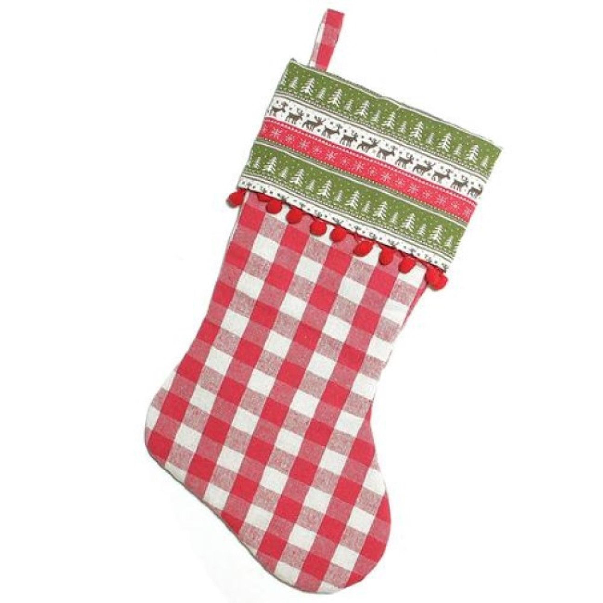 19" Red and Green Plaid Christmas Stocking with Pom-Poms