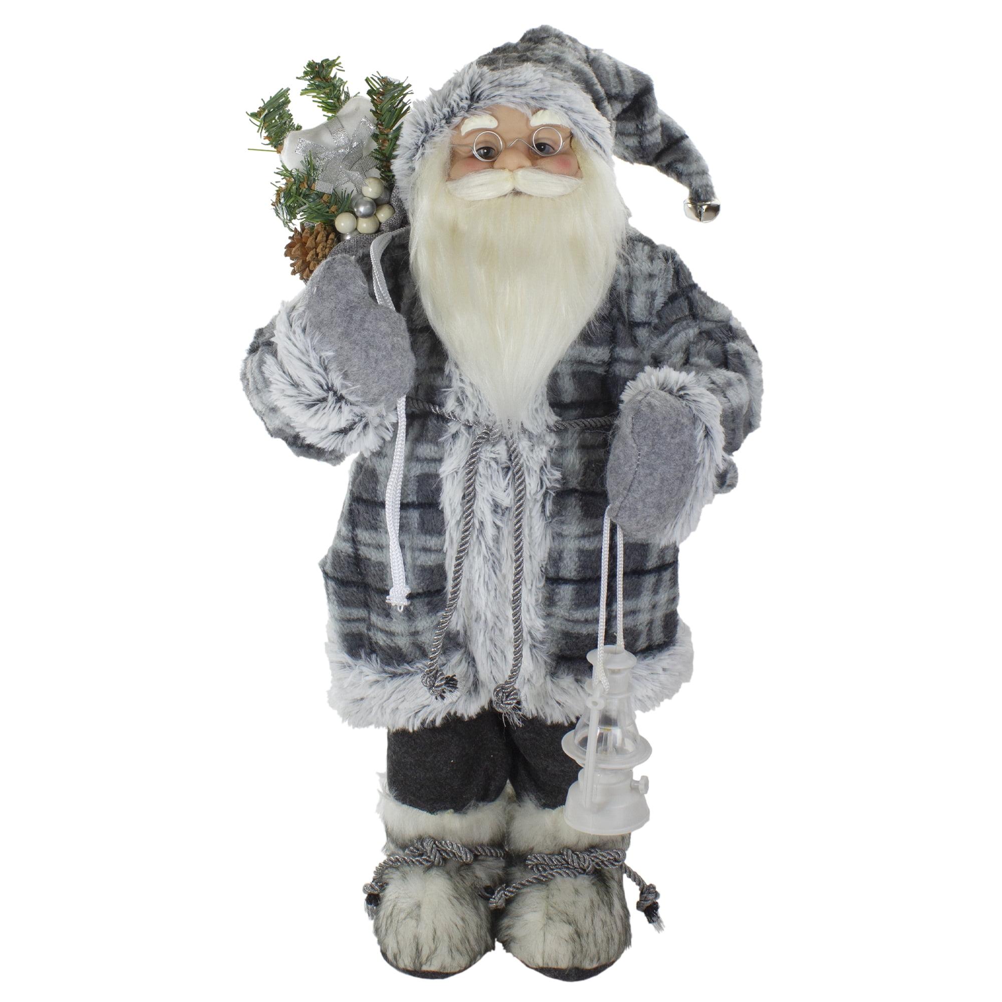 24" Gray Plaid Santa Figurine with Lantern and Faux Fur