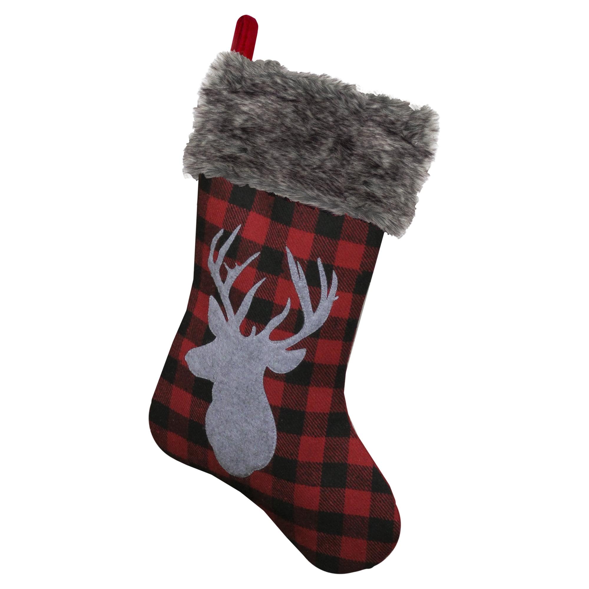 Red and Black Buffalo Plaid Reindeer Christmas Stocking with Faux Fur