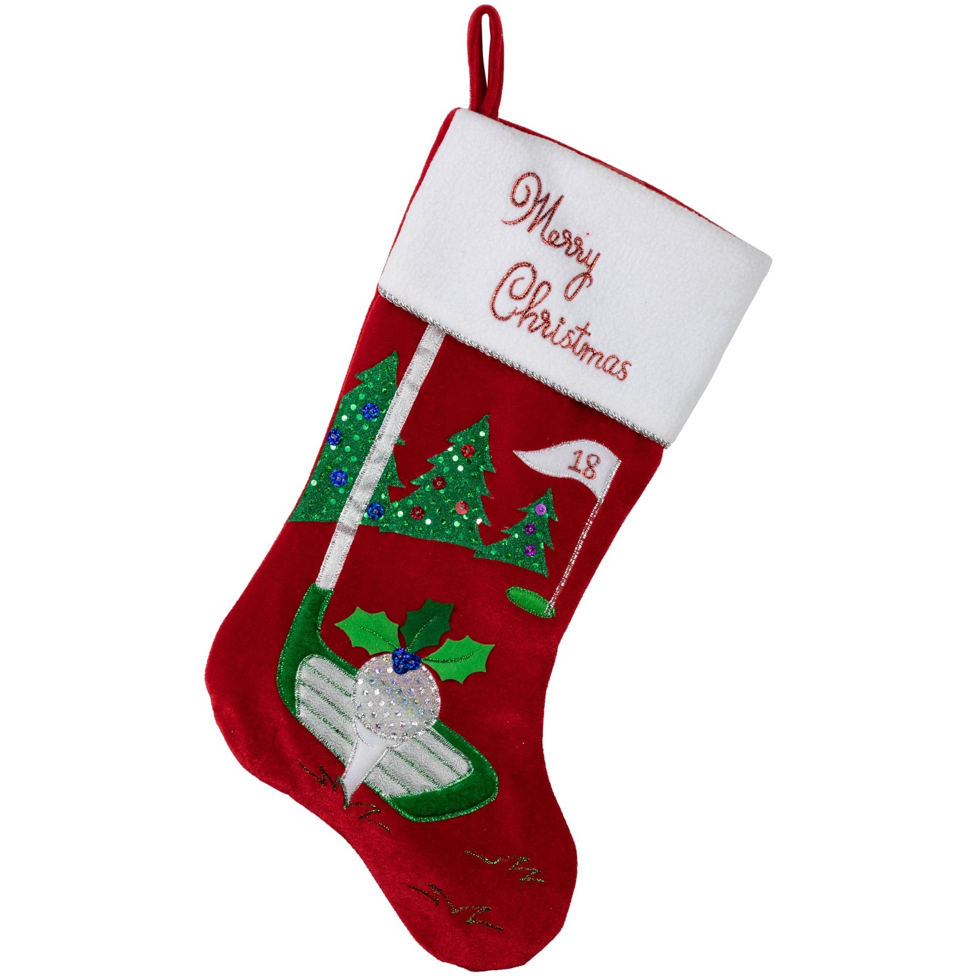 20" Red Velveteen Golf Themed Christmas Stocking with White Embroidered Cuff