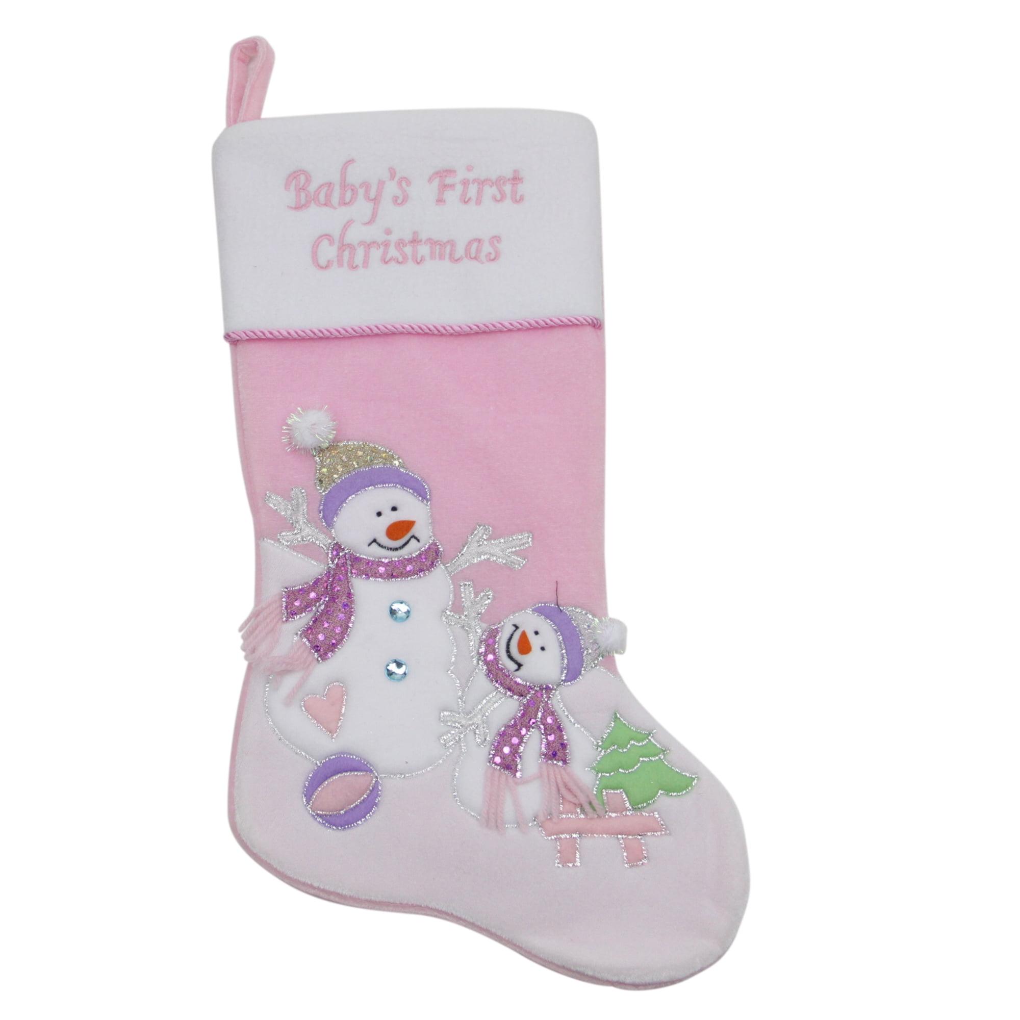 21" Light Pink Baby's First Christmas Velveteen Snowmen Christmas Stocking