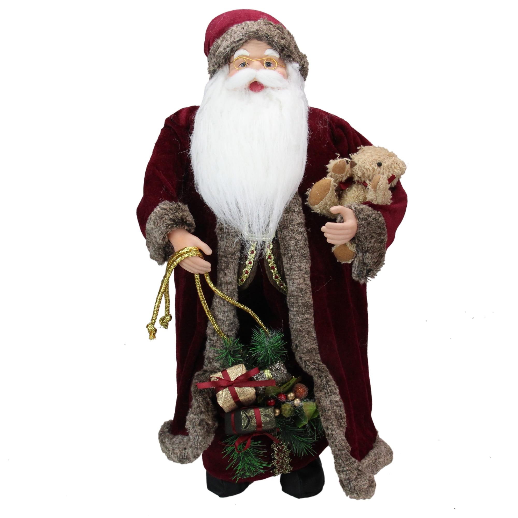 Burgundy Santa Claus with Teddy Bear and Gift Bag Figurine