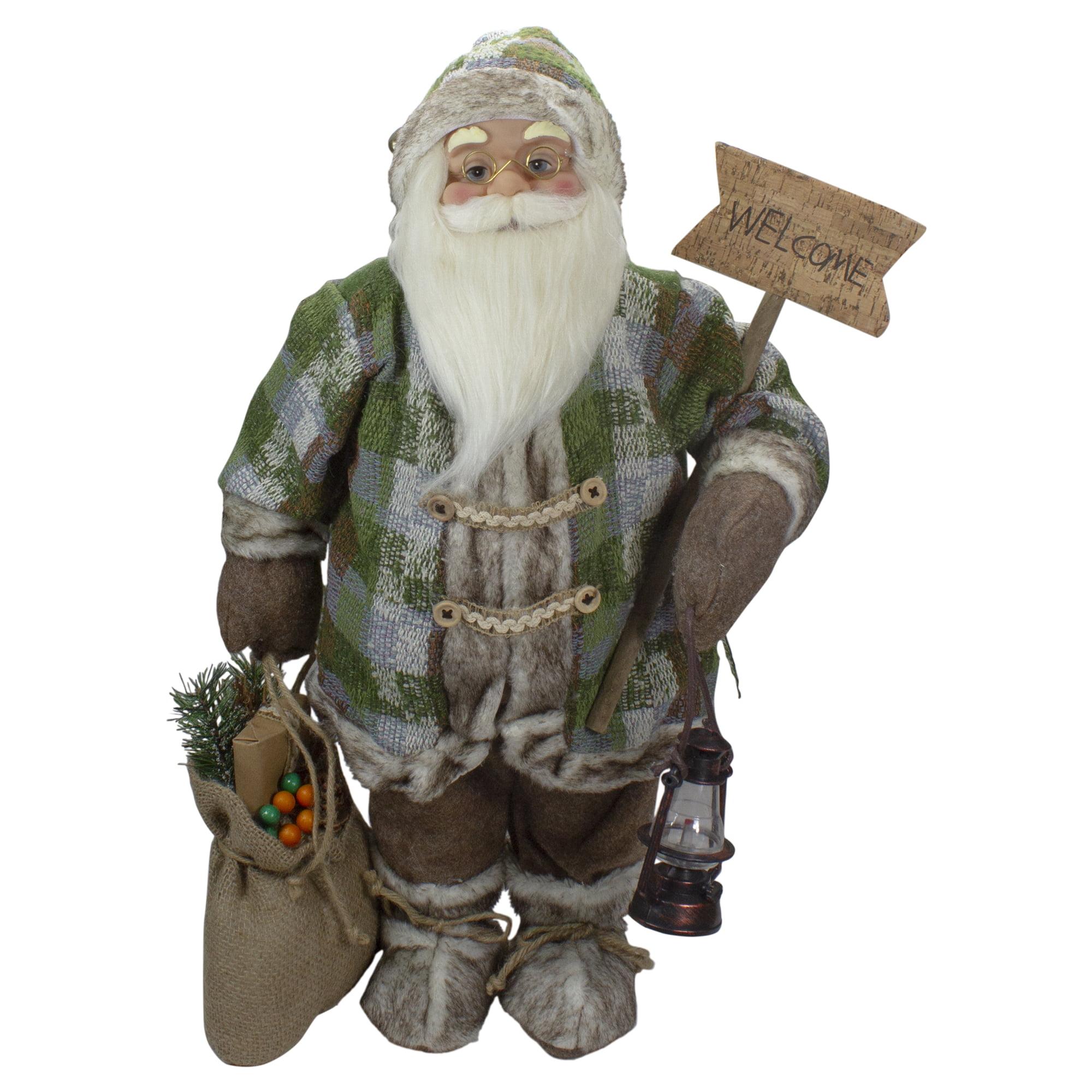 24" Standing Santa Christmas Figure with Green Plaid Coat and Lantern