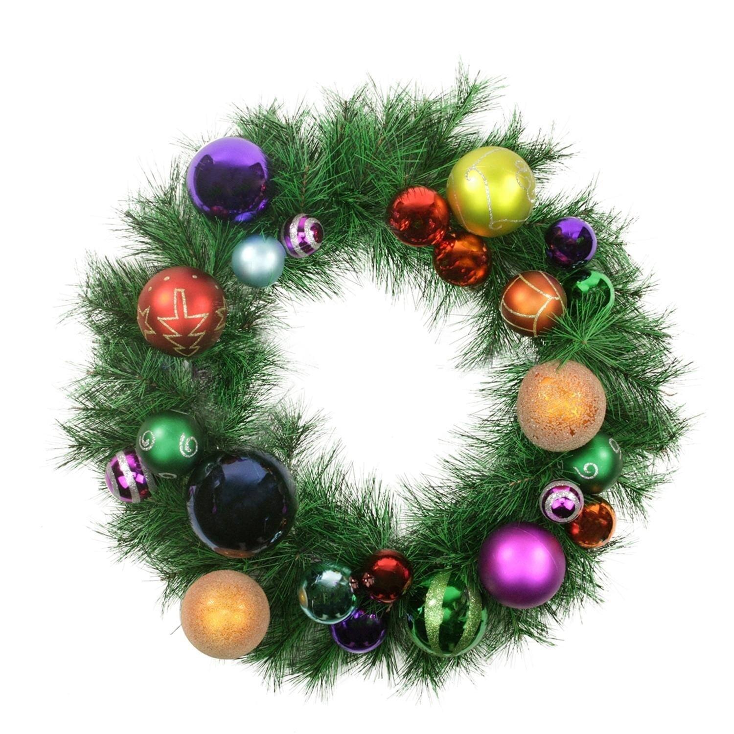 Multi-Colored Ornaments and Artificial Pine Christmas Wreath 24-Inch Unlit