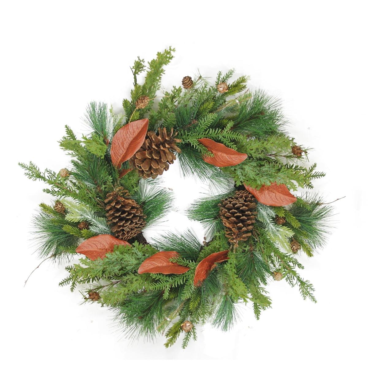 26-Inch Unlit Mixed Pine and Red Leaf Christmas Wreath