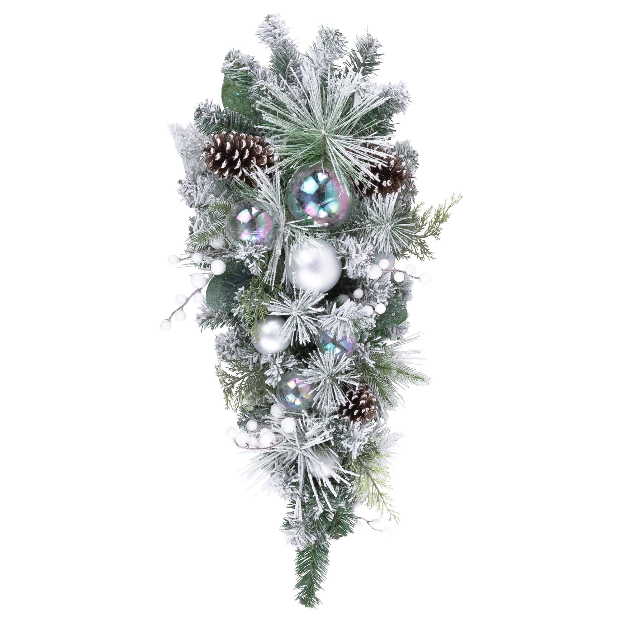 30" Flocked Pine Unlit Christmas Teardrop Swag with Iridescent Ornaments