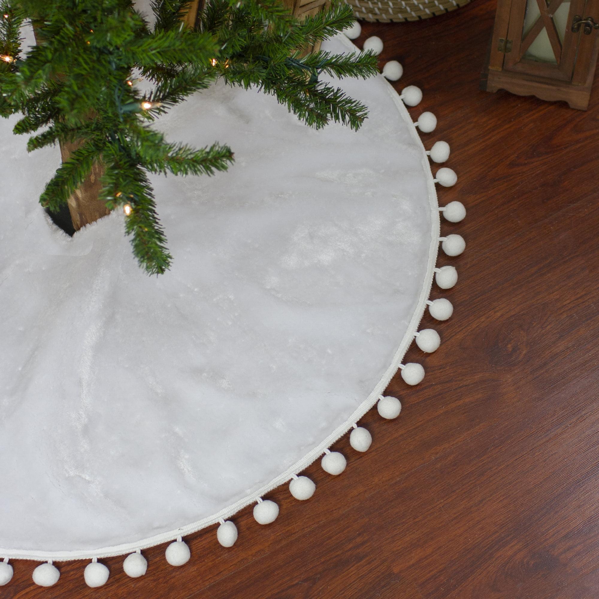 Northlight 36" White Christmas Tree Skirt With a Pom Pom Border and Tie Backs