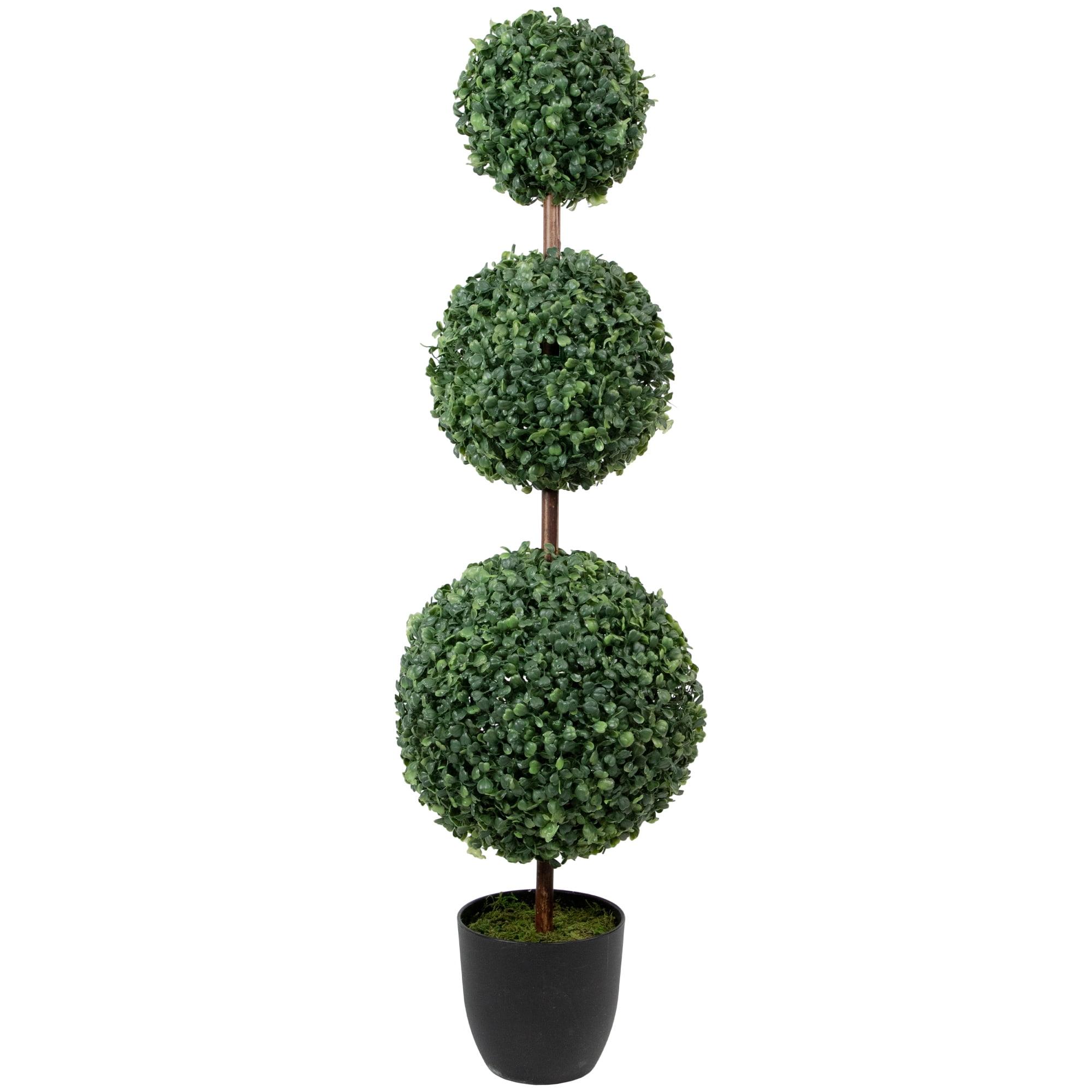 38" Artificial Two-Tone Boxwood Triple Ball Topiary Tree with Round Pot Unlit