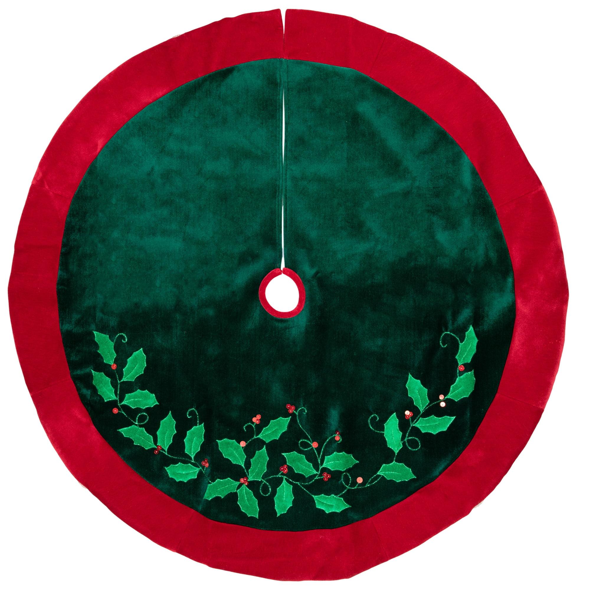 48" Dark Green Velveteen Christmas Tree Skirt with Holly and Berry Embellishments