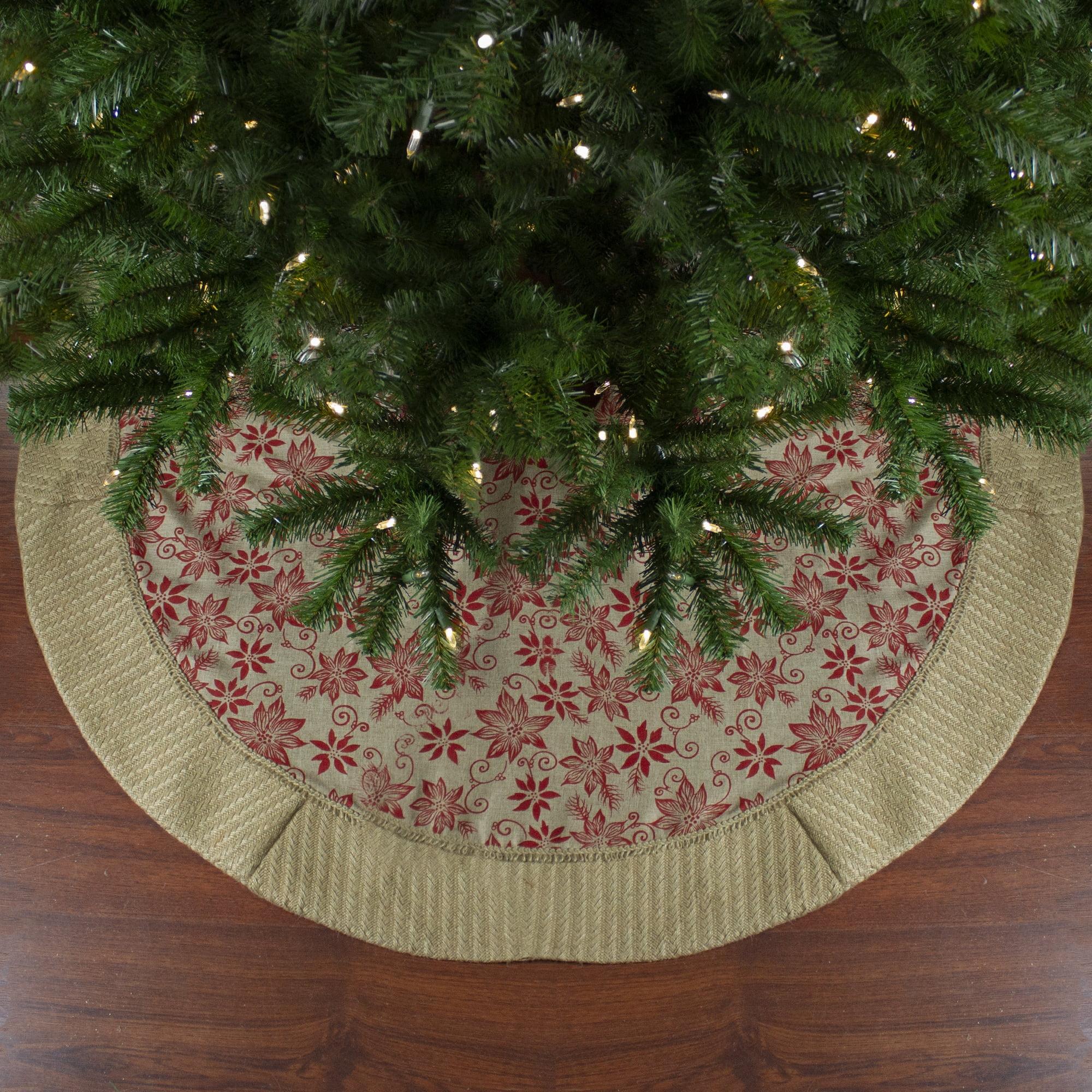 48" Tan and Red Rustic Burlap Poinsettia Christmas Tree Skirt