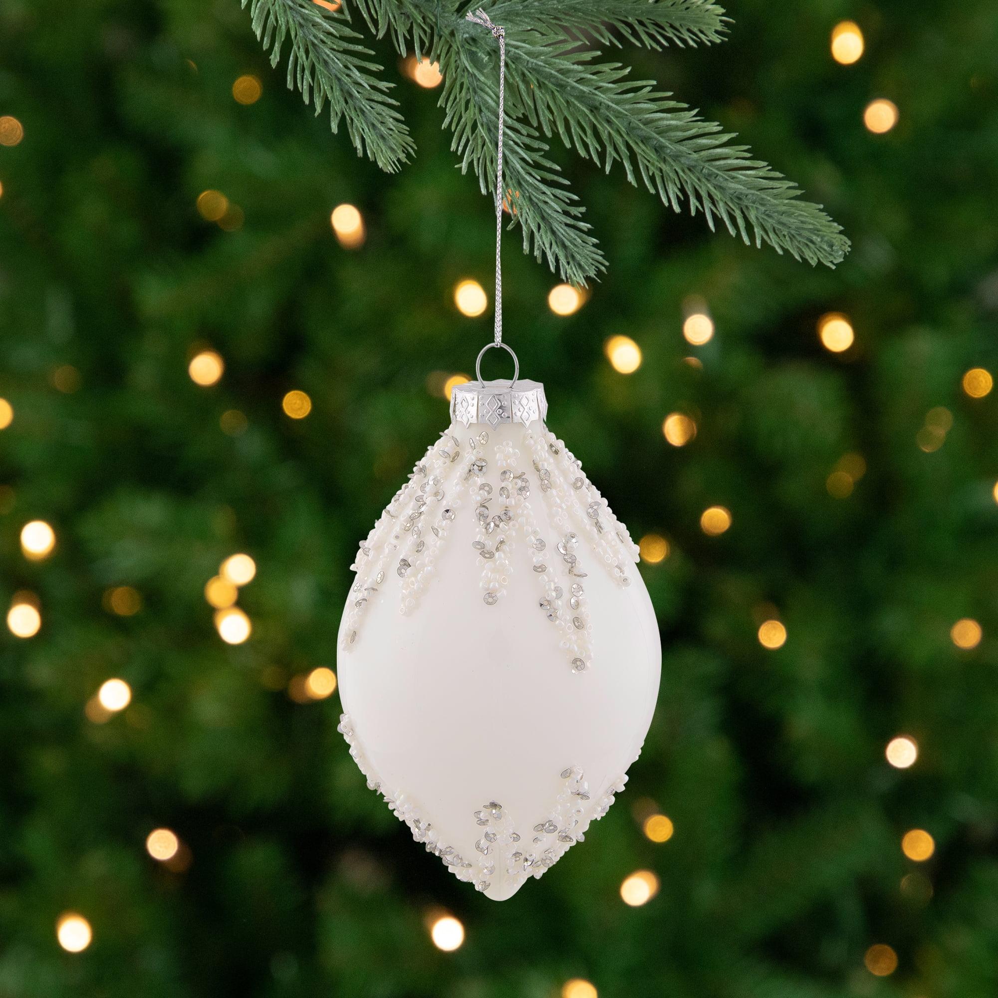 Northlight Beaded and Sequins Christmas Glass Finial Ornament - 5" - White and Silver