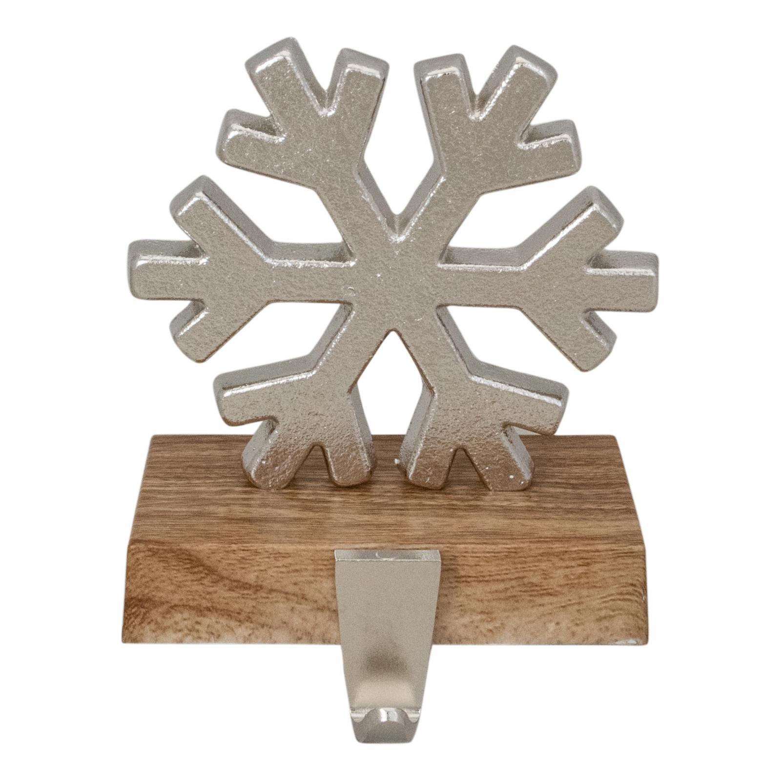 Northlight 6" Silver Snowflake on Wood Look Base Christmas Stocking Holder