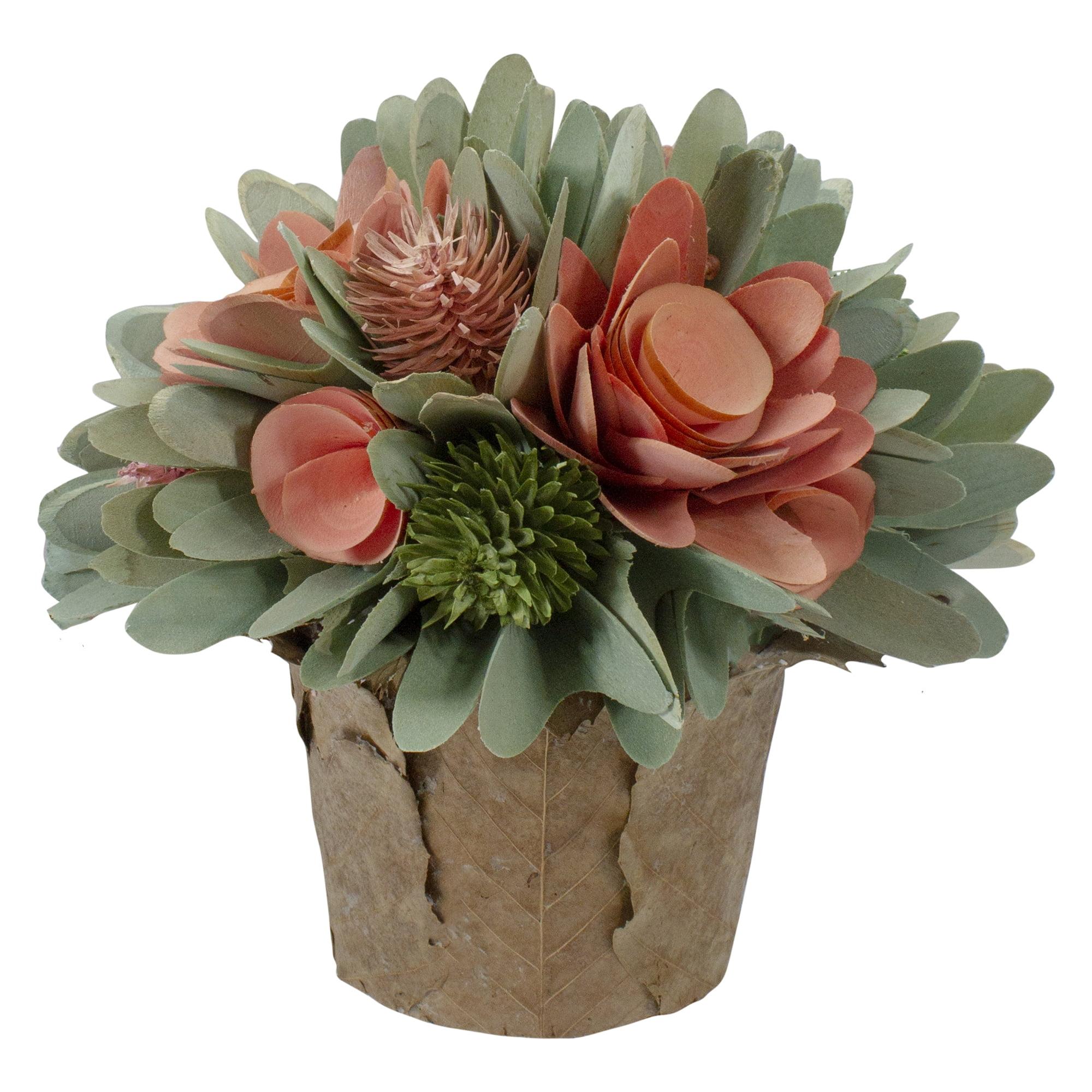 7.75" Pink and Green Wooden Floral Potted Centerpiece