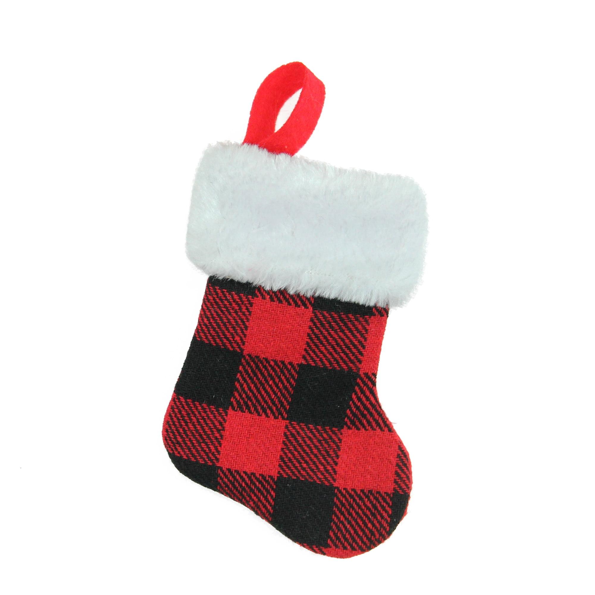 Christmas Sock 7 Inch Red Black Buffalo Checkered Christmas Stocking with White Faux Fur Cuff, Letter Printing Christmas Decorations Sock for Family Holiday Party