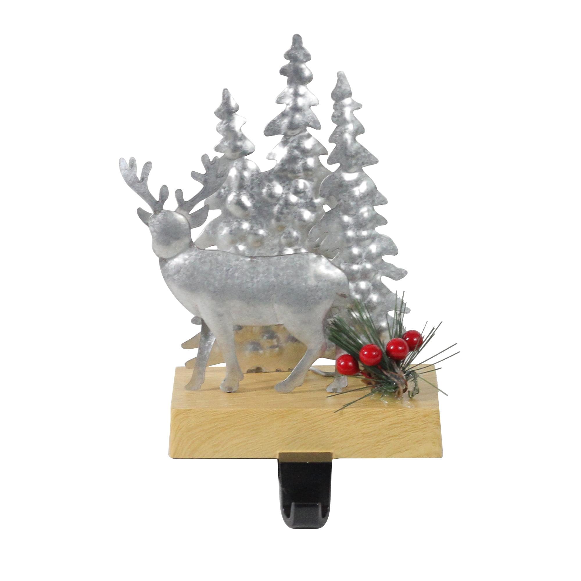 8.5" Silver and Brown Galvanized Metal Deer and Trees Christmas Stocking Holder