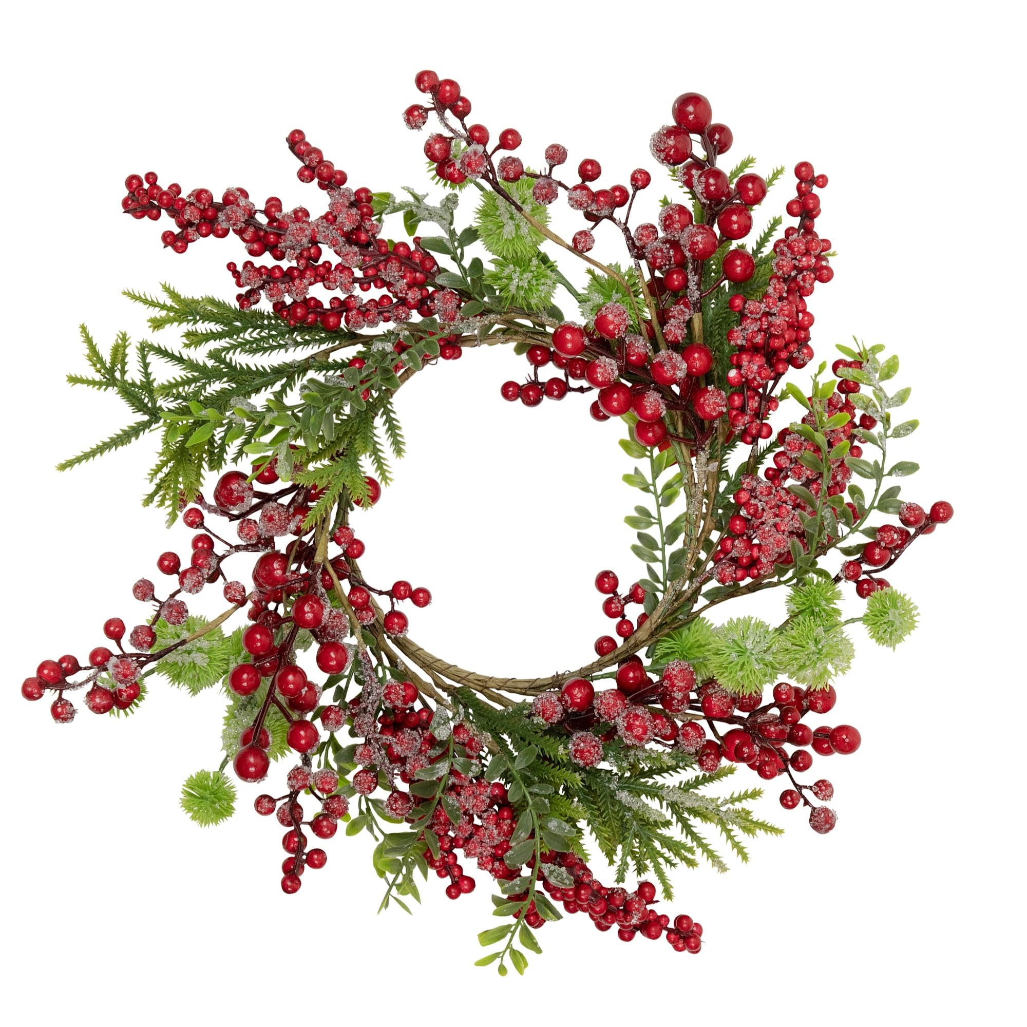 Artificial Frosted Red Berry and Pine Christmas Wreath 16-Inch Unlit