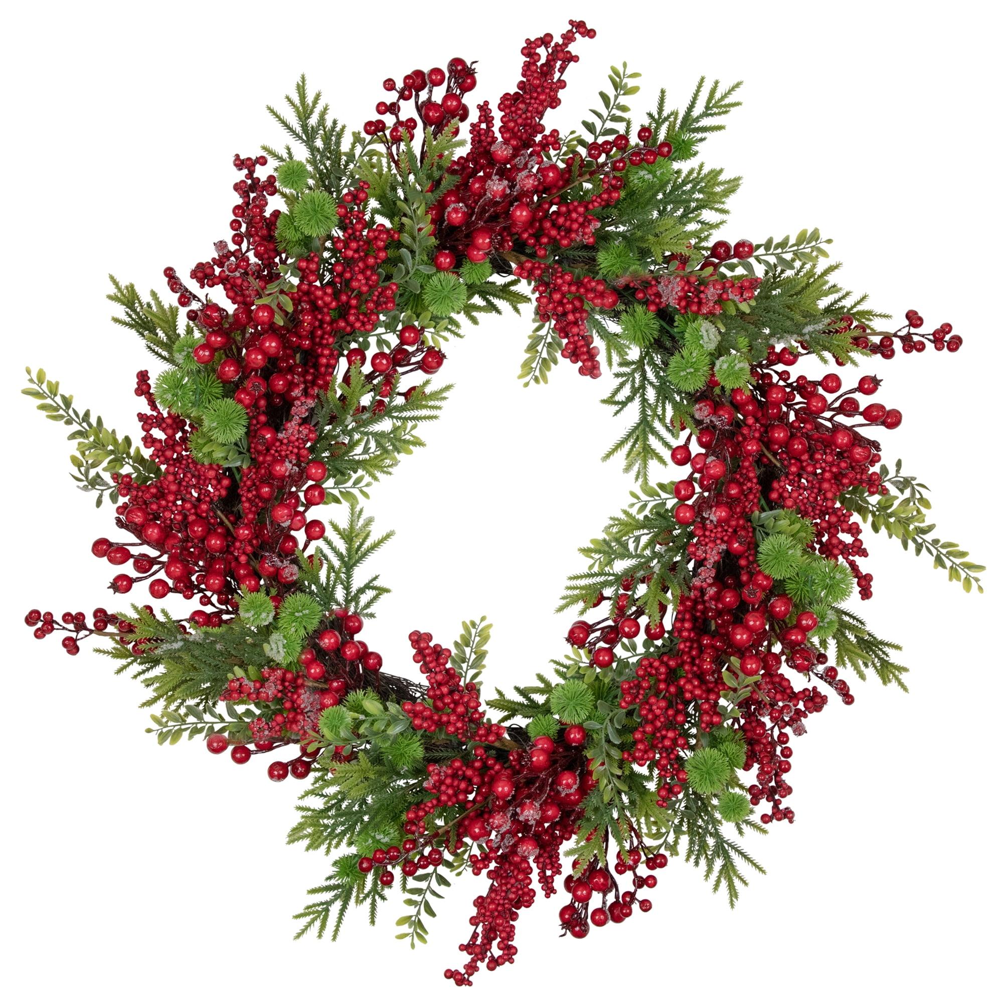 Artificial Frosted Red Berry and Pine Christmas Wreath, 28-Inch