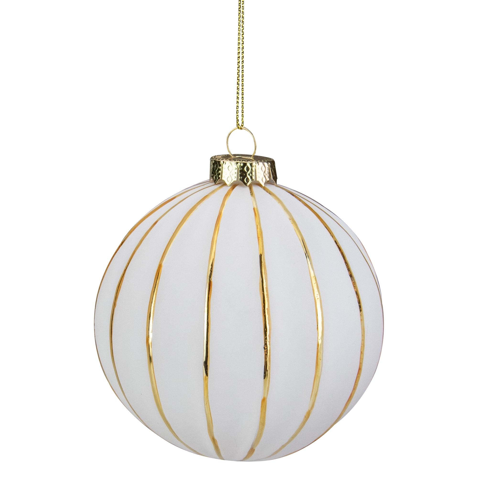 4" Glittered White and Gold Striped Glass Christmas Ball Ornament