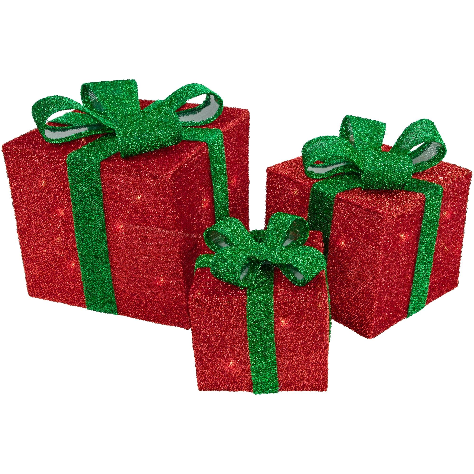 Northlight Seasonal Set of 3 Lighted Red and Green Tinsel Gift Boxes with Bows Christmas Outdoor Decorations 10"