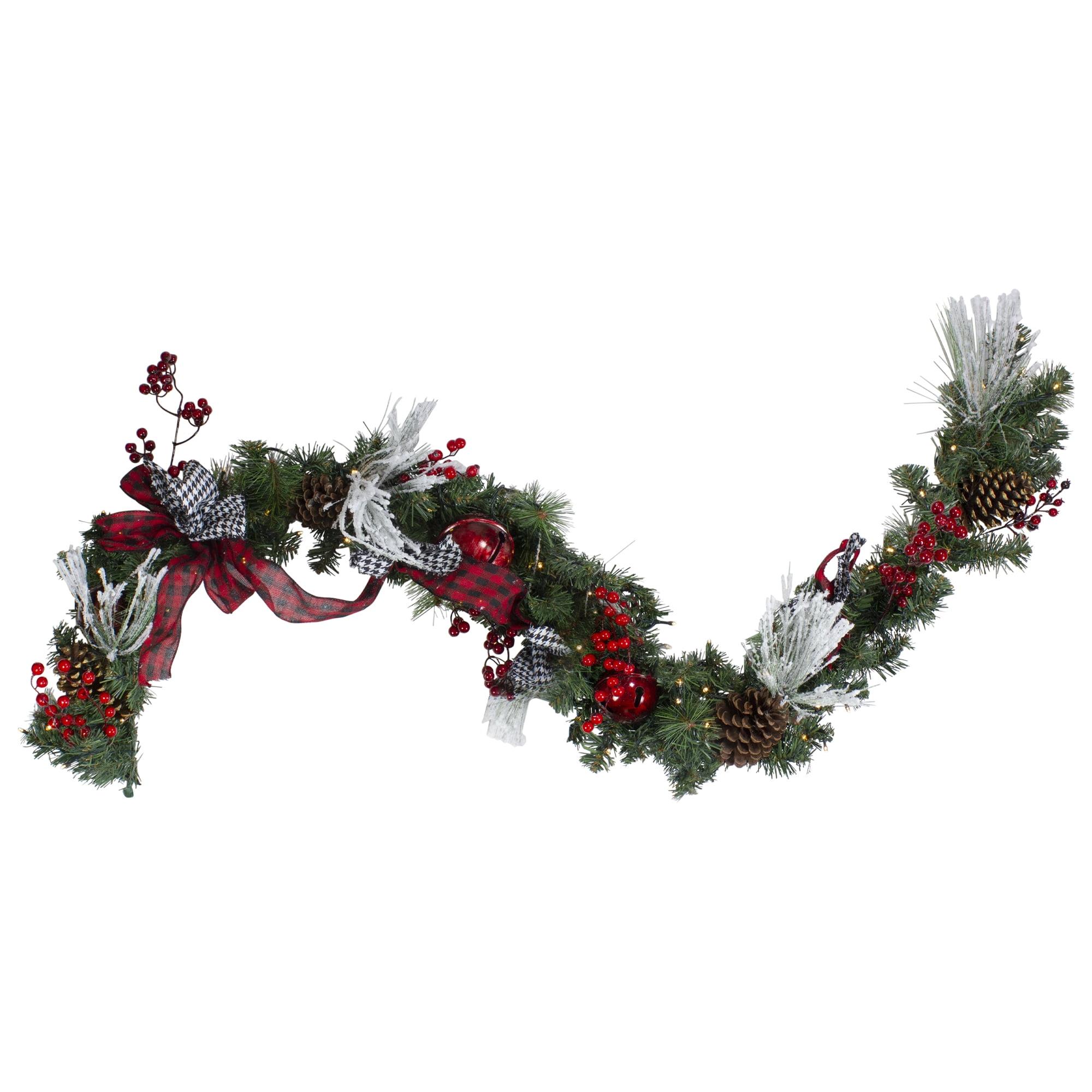 Pre-Lit Plaid Bows and Red Berries 6' Christmas Garland with Warm White Lights
