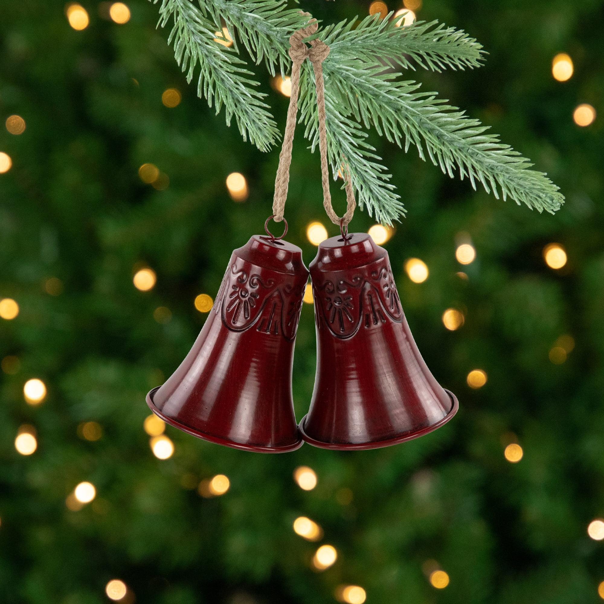 Burgundy Embossed Metal Christmas Bell Ornaments with Jute Rope - Set of 2