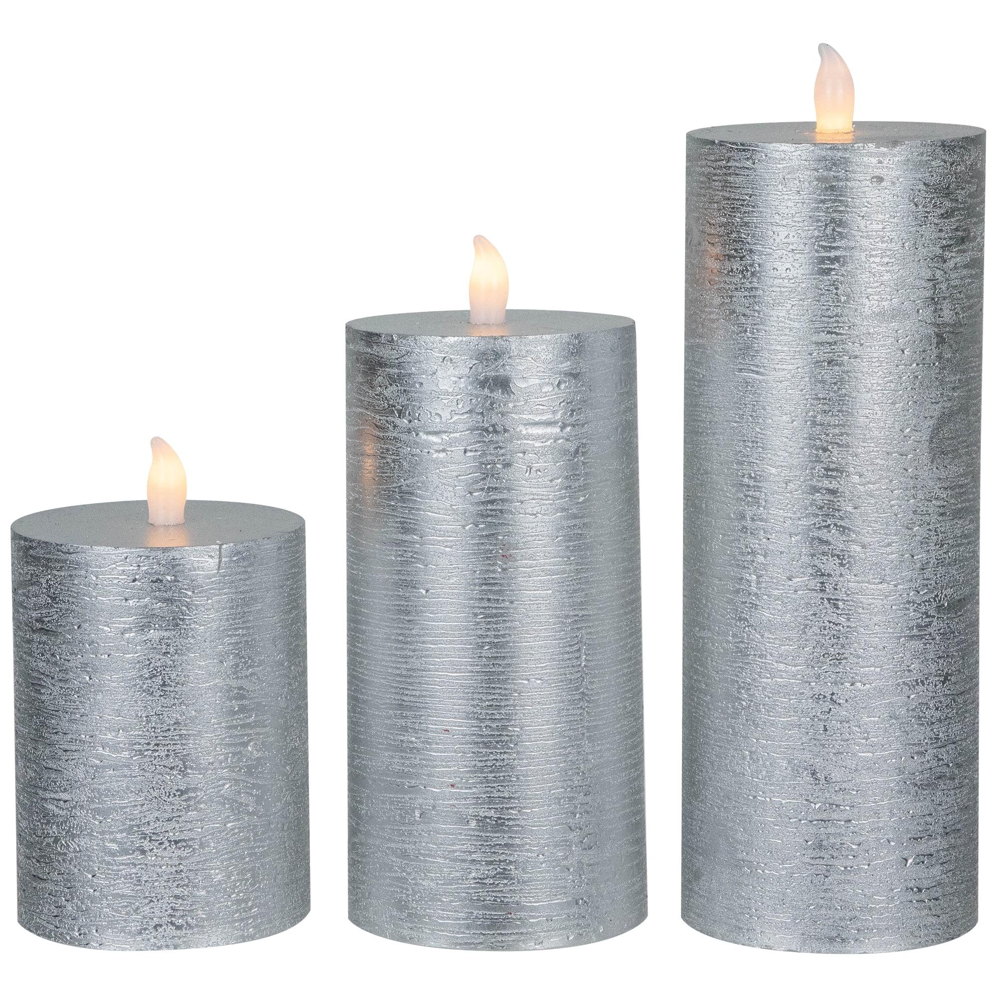 Northlight Flameless Flickering LED Wax Pillar Candles - 8" - Brushed Silver - Set of 3
