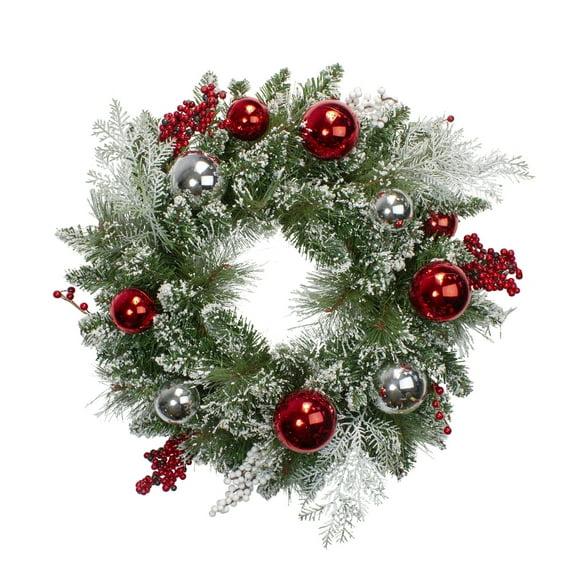 The Holiday Aisle® Flocked Pine with Red Ornaments Artificial Lemuella Wreath 24-Inch Unlit