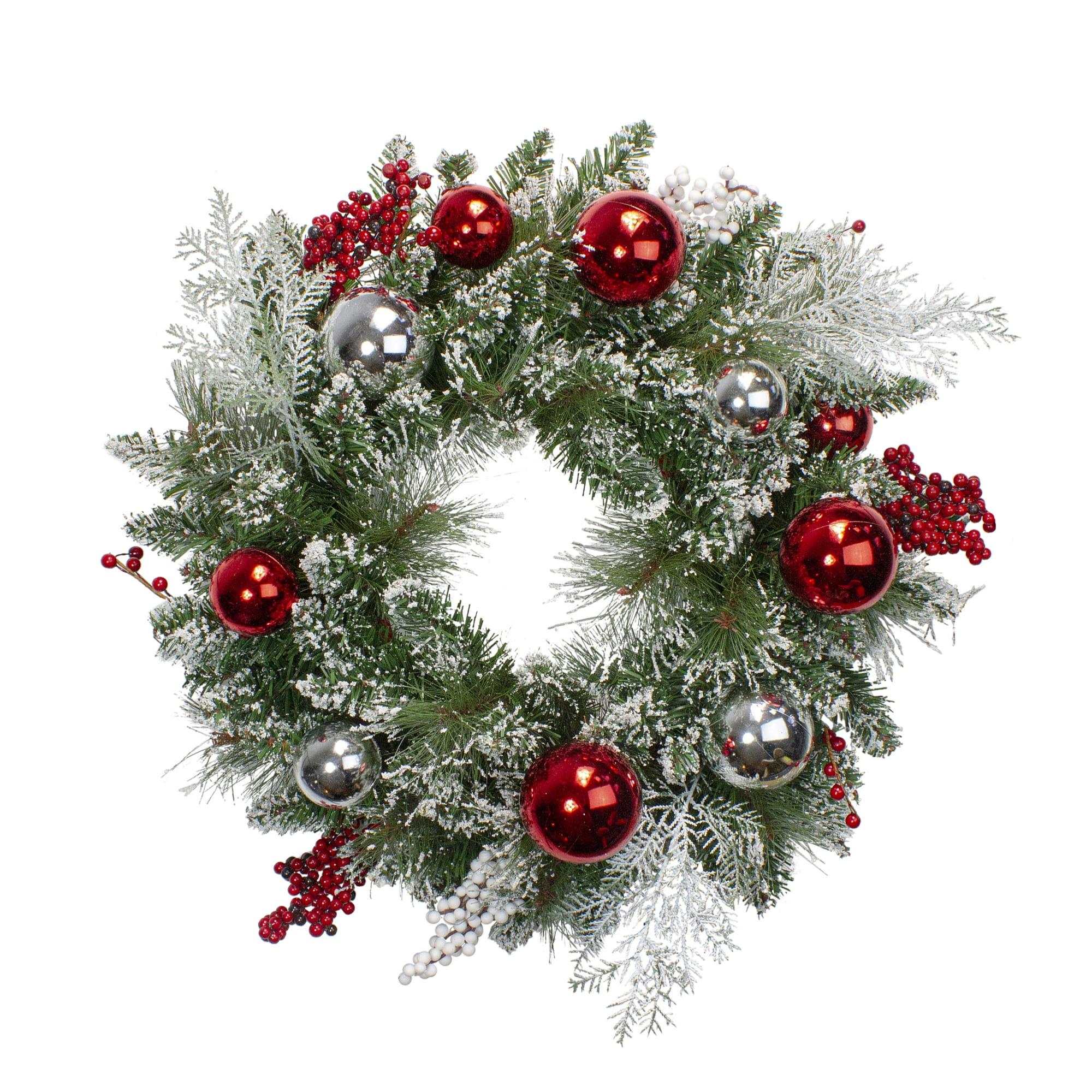 Flocked Pine with Red Ornaments 24-Inch Artificial Christmas Wreath