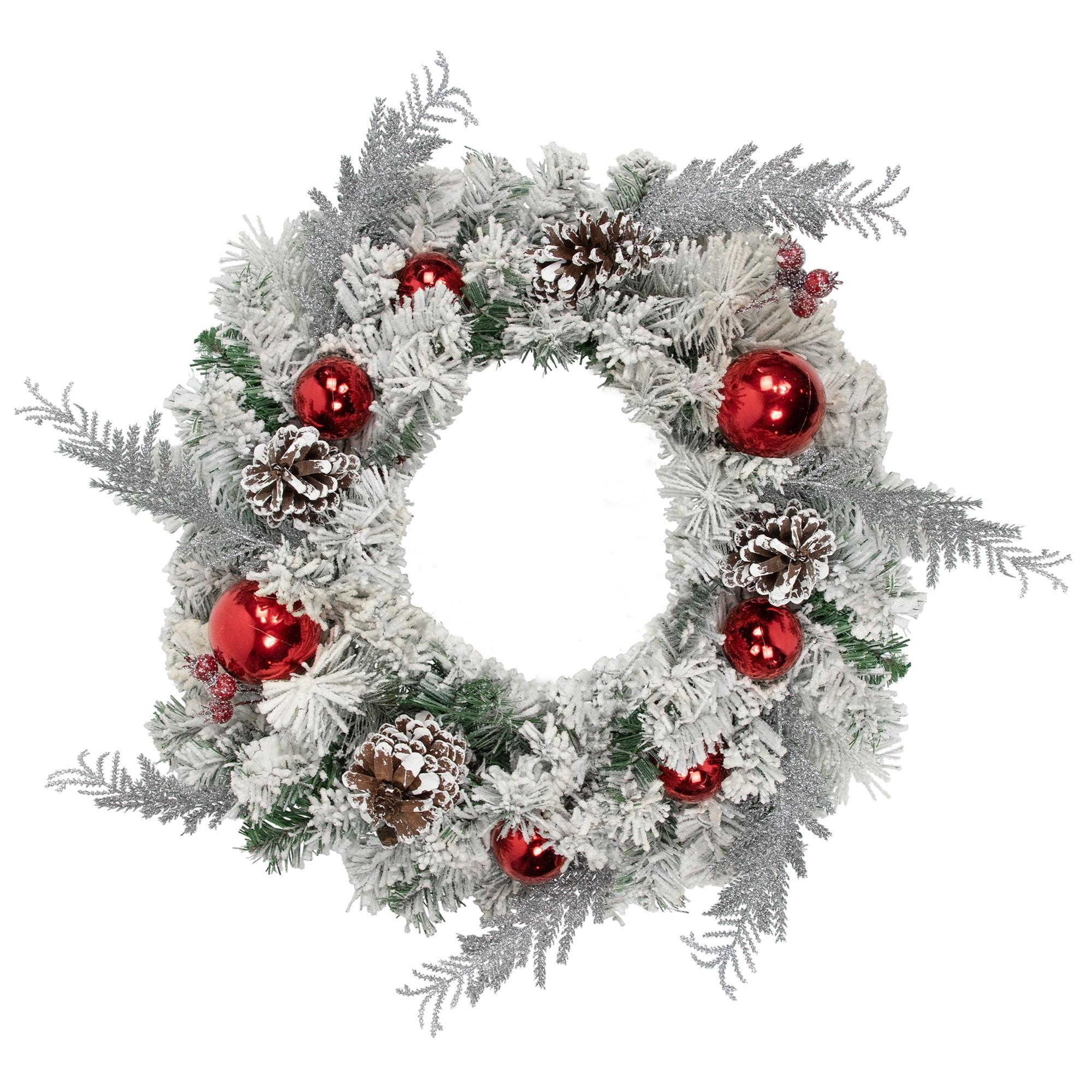 Flocked Pine with Red Ornaments Artificial Christmas Wreath 24-Inch Unlit