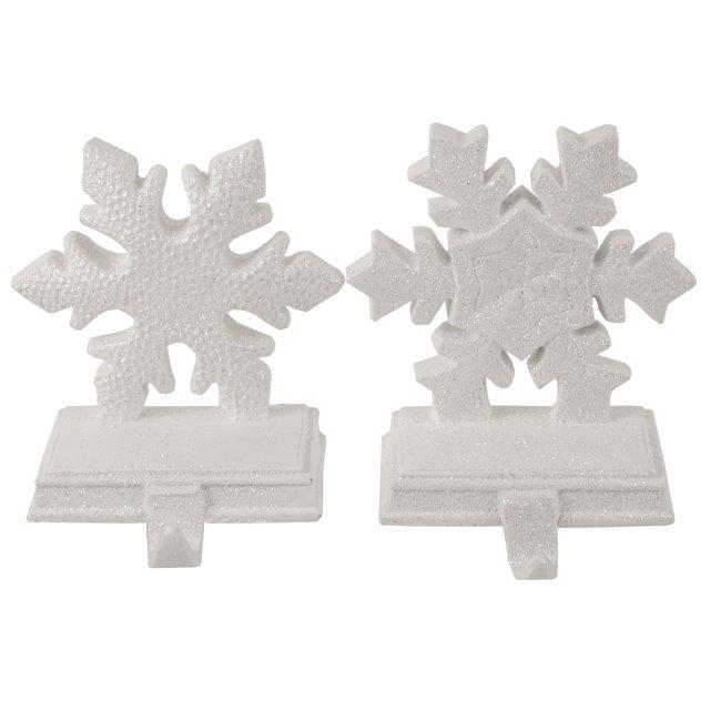 Set of 2 White Glittered Snowflake Christmas Stocking Holder 6.5"