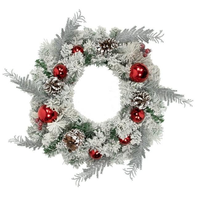 The Holiday Aisle® Flocked Pine with Red Ornaments Artificial Lemuella Wreath 24-Inch Unlit