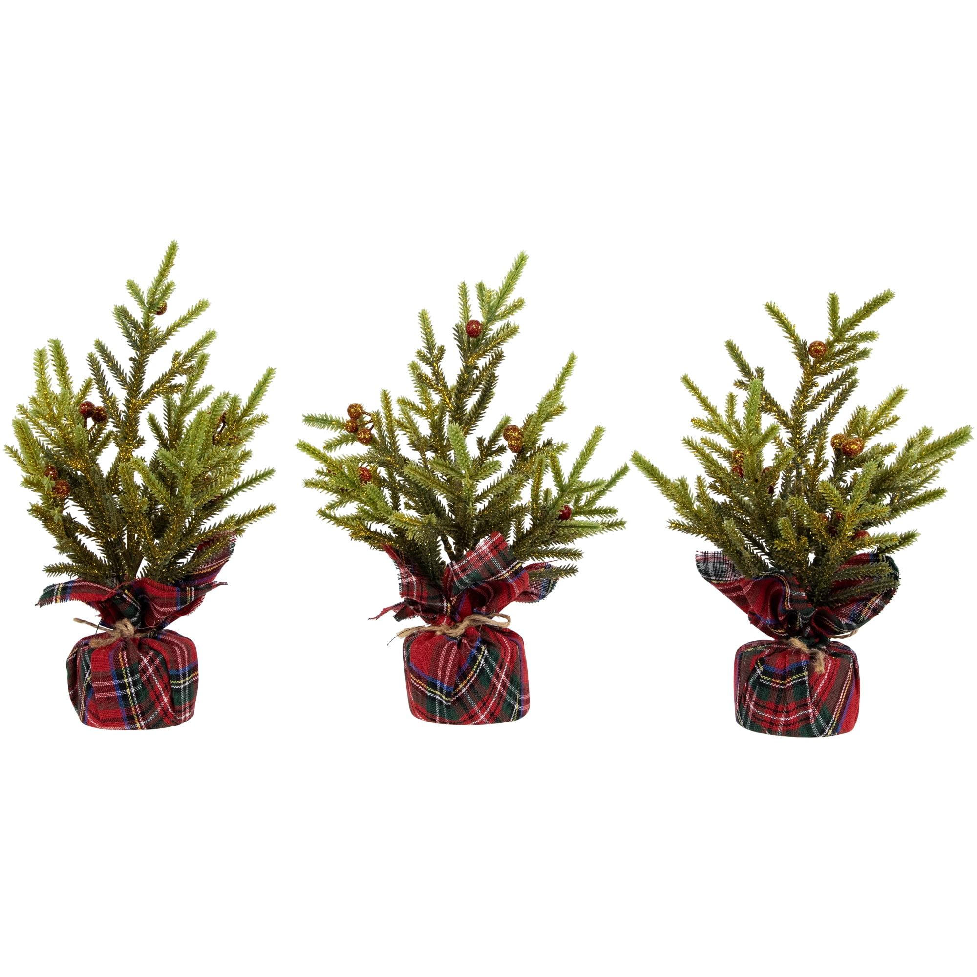 Mini Glittered Pine with Berries Artificial Christmas Trees - Set of 3