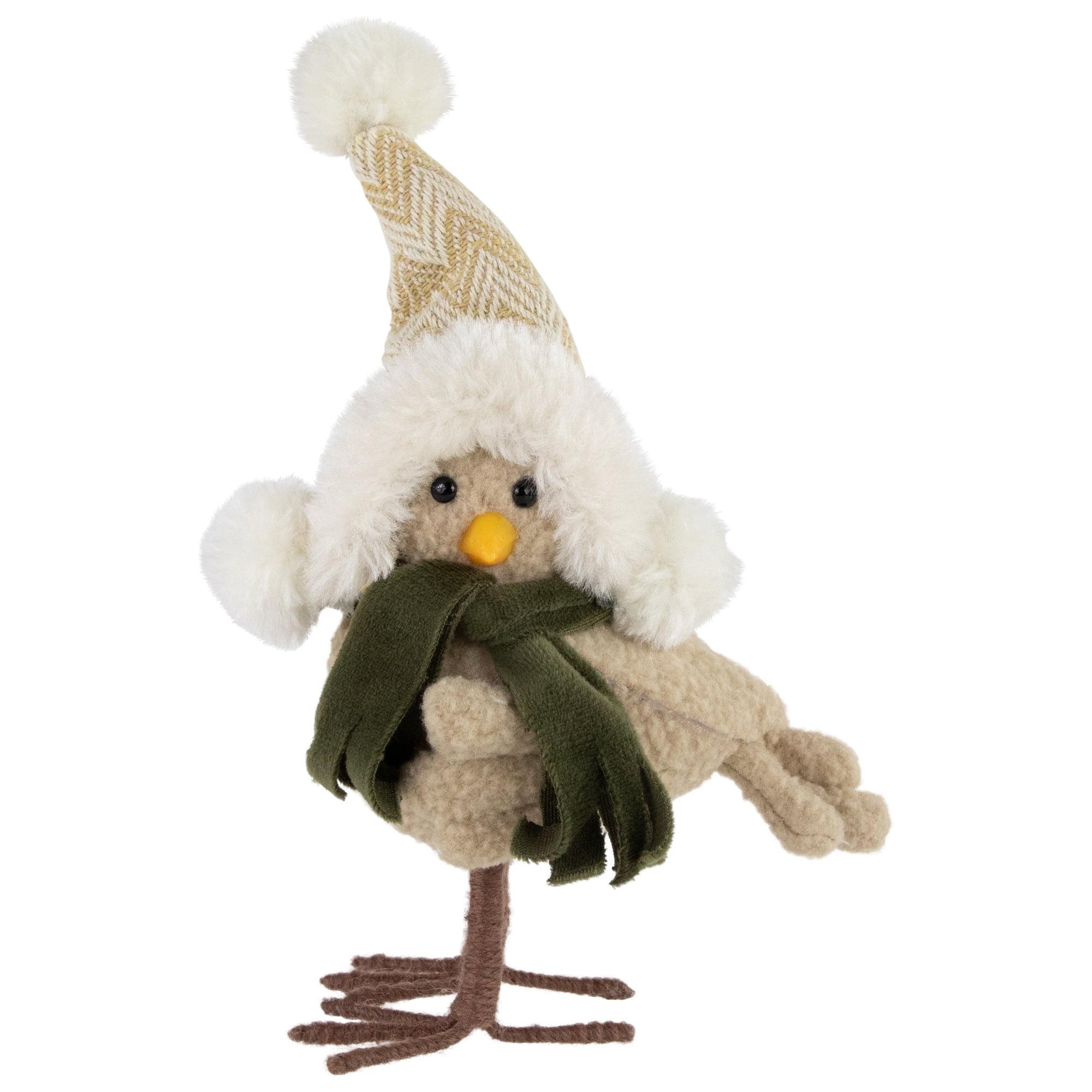 Beige and Olive Green Plush Bird Figurine with Winter Hat