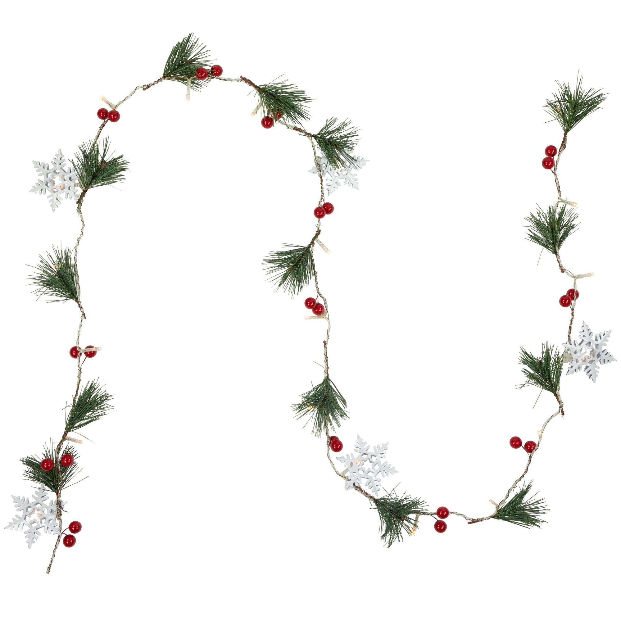 Northlight Pre-Lit B/O Pine, Berry and Snowflake Christmas Garland - 6' - Warm White LED Lights