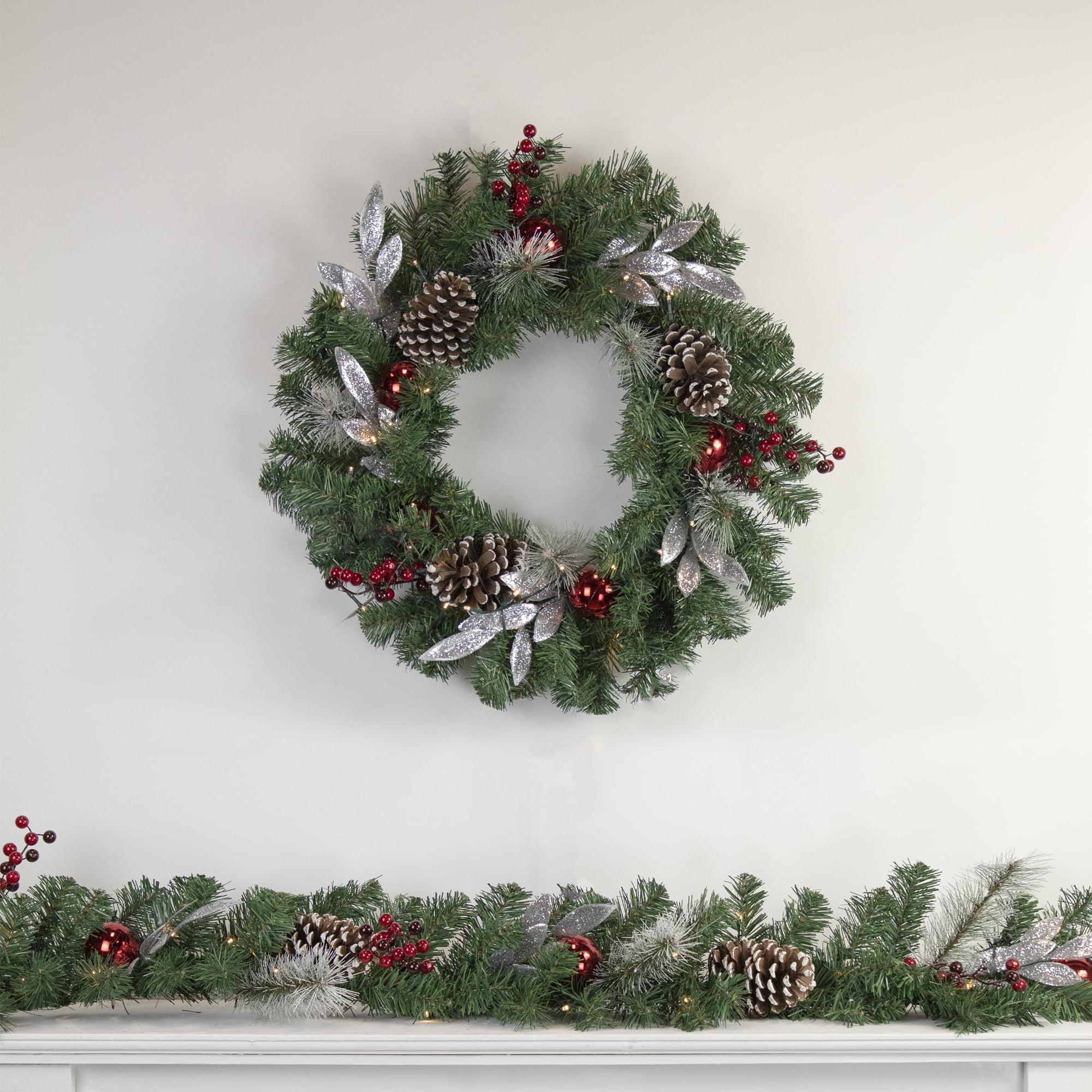 24" Pre-Lit Frosted Pine Cone and Berry Christmas Wreath