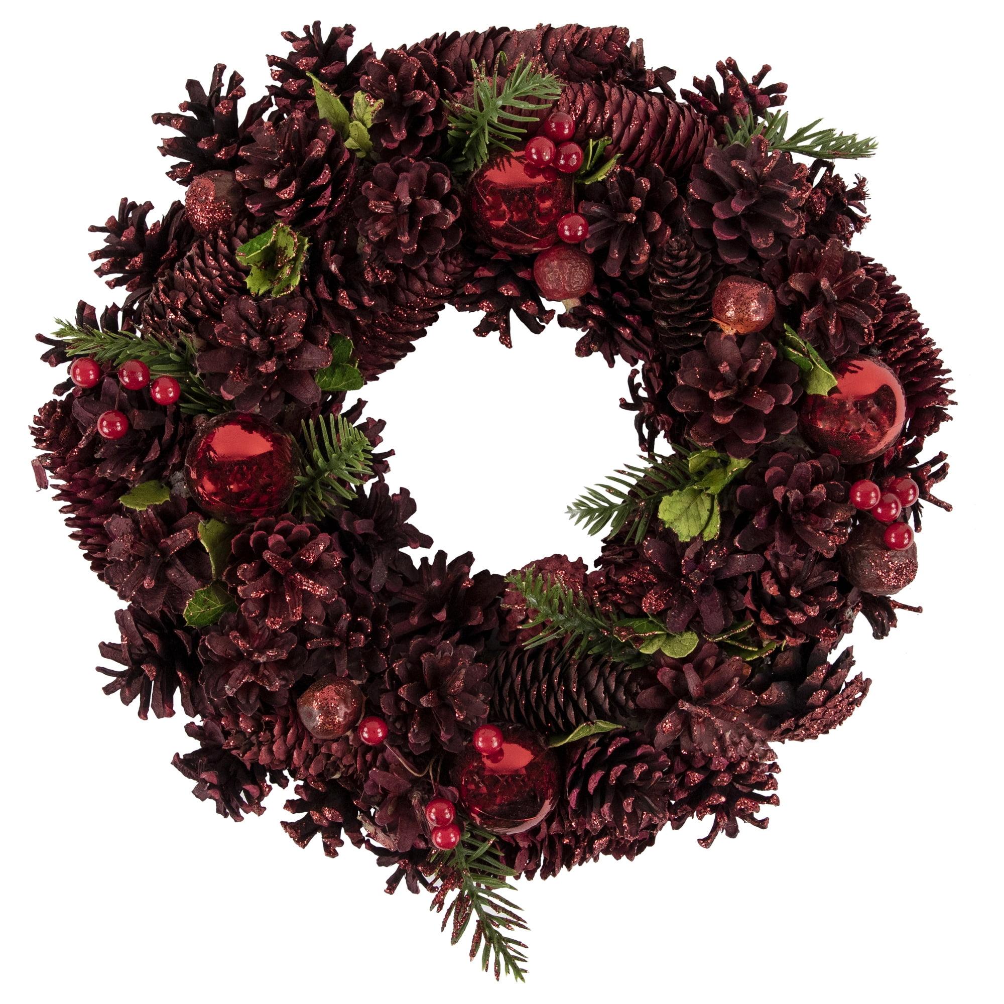 Red Pinecone Berry and Ornament Christmas Wreath 13.5-Inch Unlit