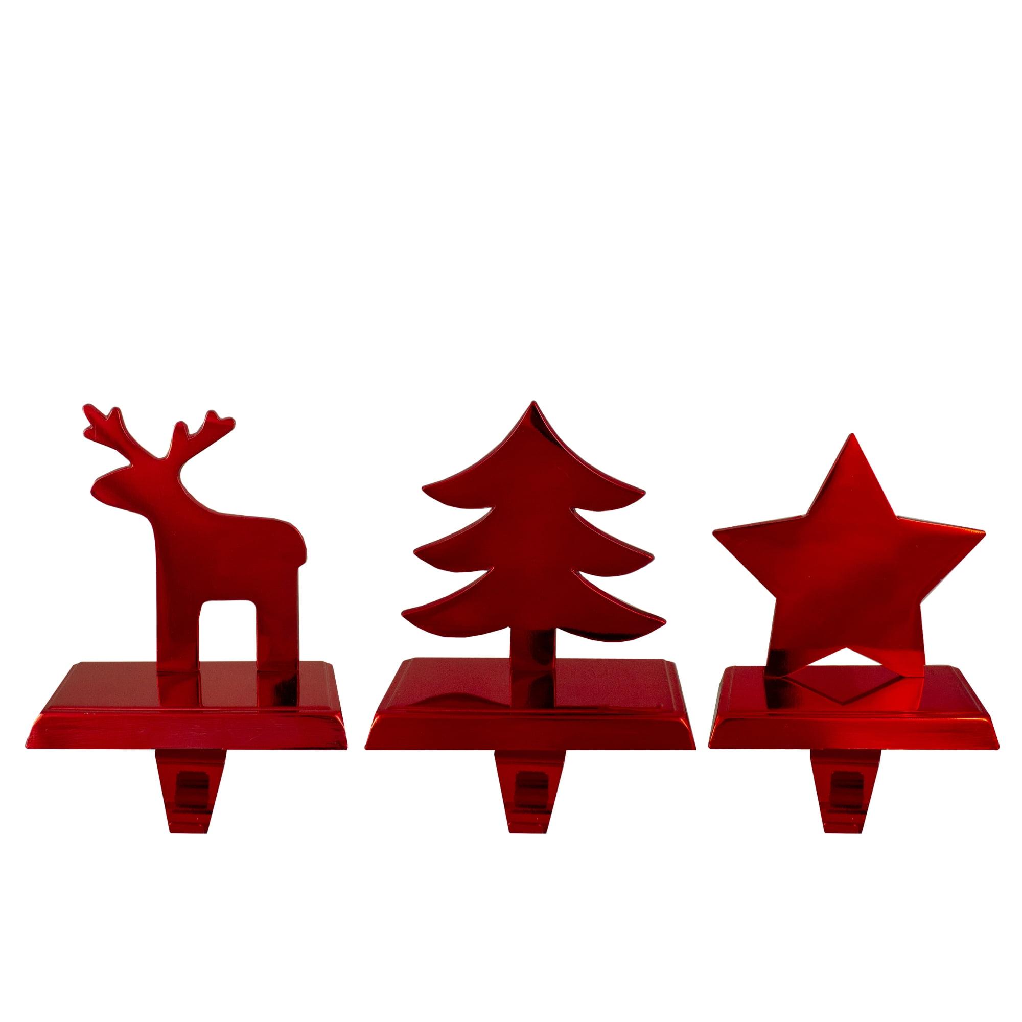 Red Metal Reindeer, Tree, and Star Christmas Stocking Holders