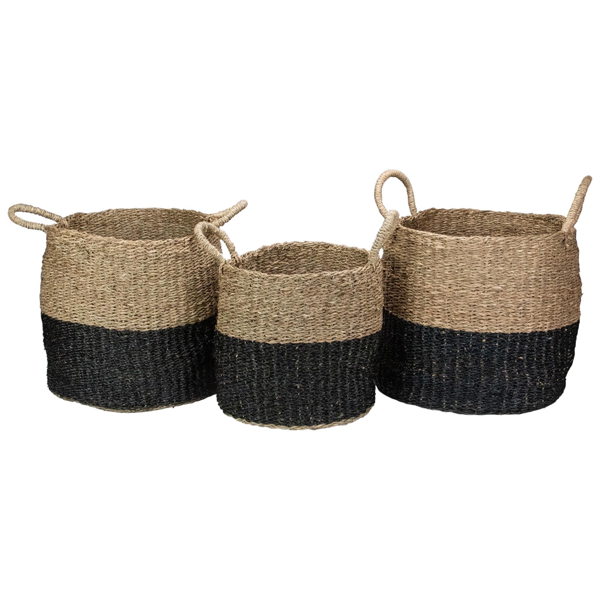 Rustic Seagrass Round Storage Baskets, Set of 3, Beige and Black