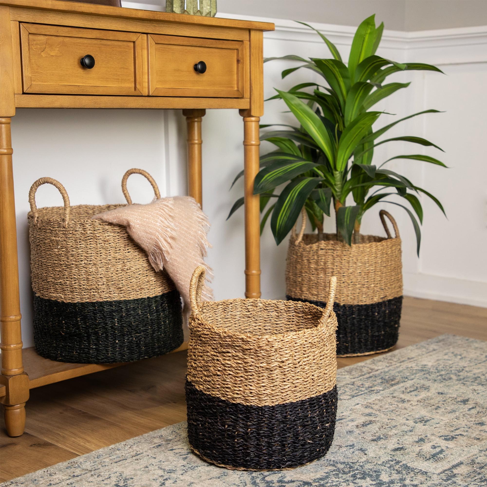 Rustic Seagrass Round Storage Baskets, Set of 3, Beige and Black