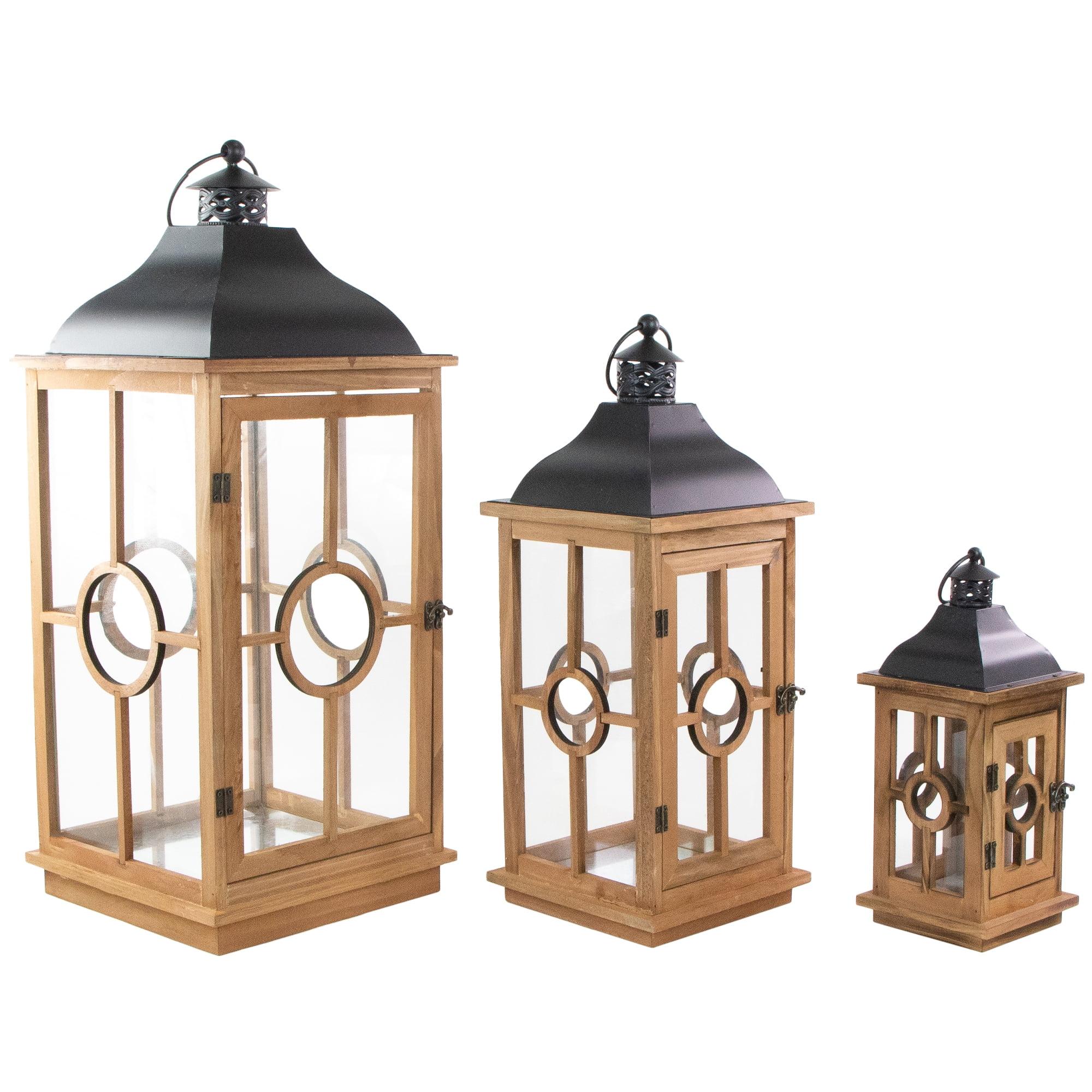 Natural Wood and Black Metal Hanging Candle Lantern Set