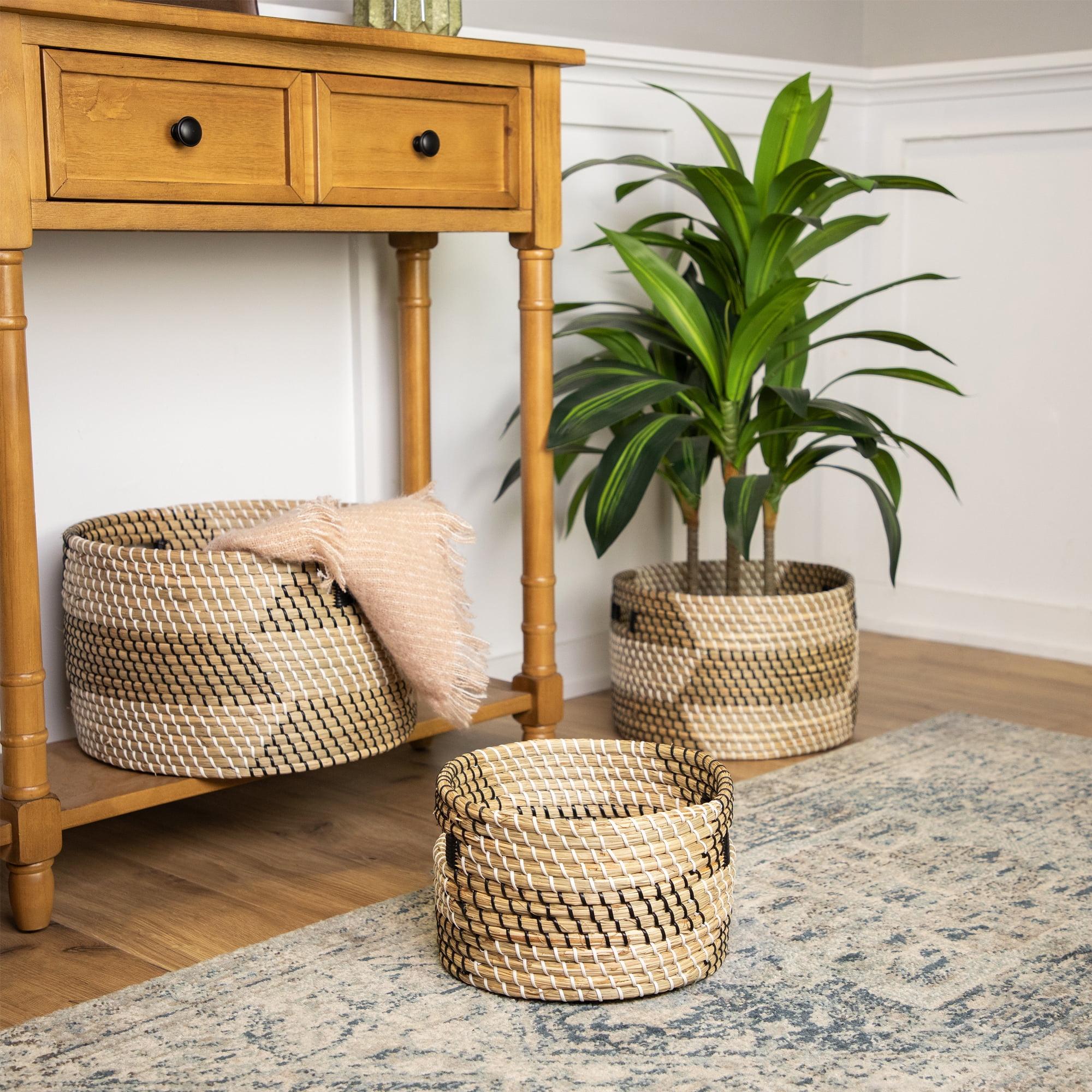 Set of 3 Beige and White Wicker Storage Baskets