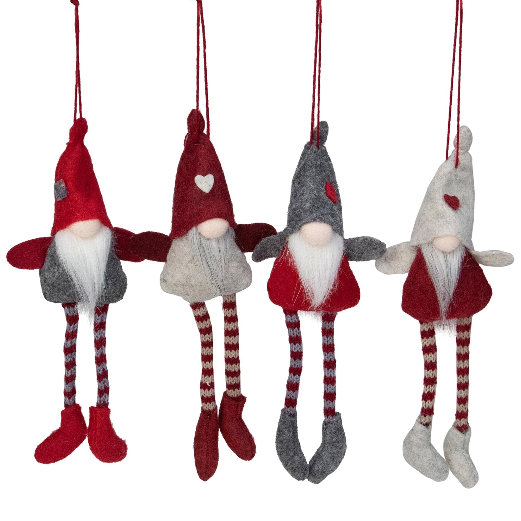 Red and Gray Plush Gnome Christmas Ornaments 8" (Set of 4)