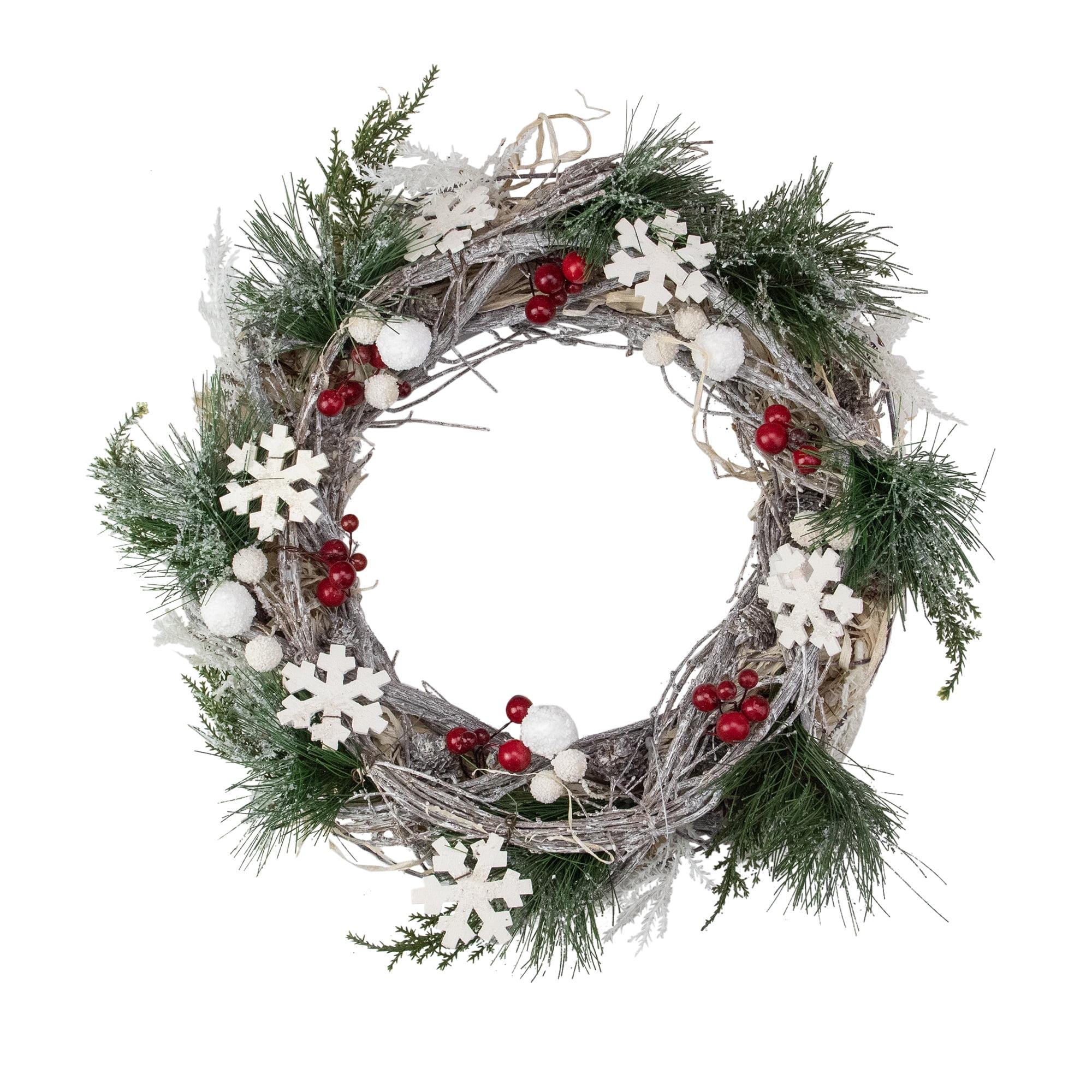 Tiny Frosted Pine and Berry Christmas Wreath with Snowflakes