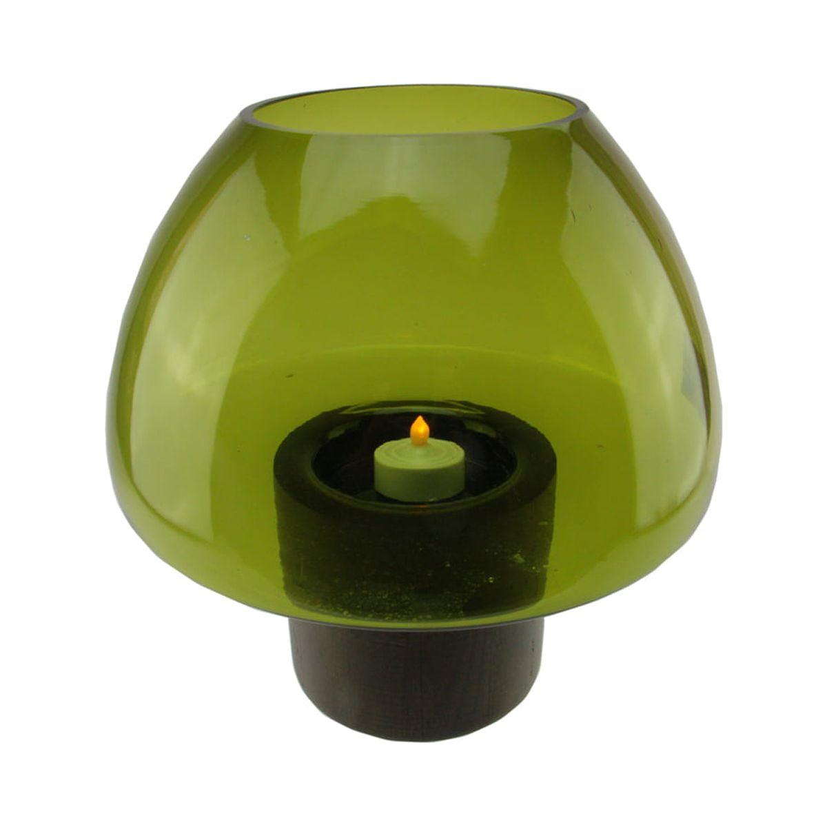 Winter Elegance Olive Green Glass & Wood Candle Holder - 9.75"