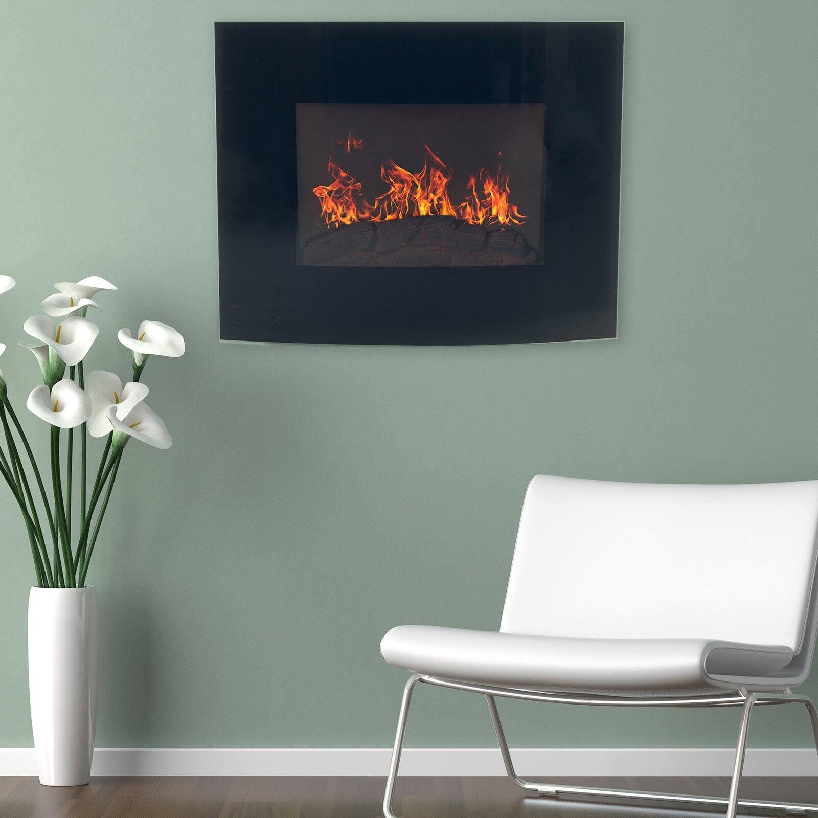 Black Curved Glass Wall Mount Electric Fireplace with Remote